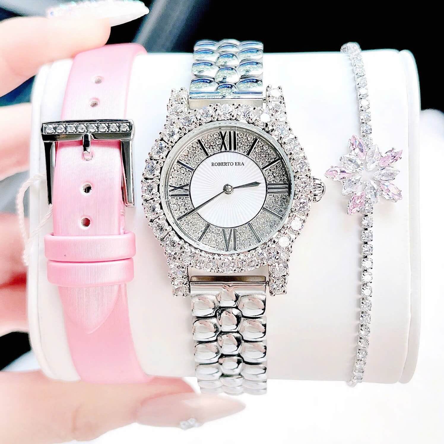 Set đồng hồ nữ chính hãng Roberto Era RE834 dây da lụa hồng size 32mm mặt đính đá - Kèm dây kim loại và phụ kiện