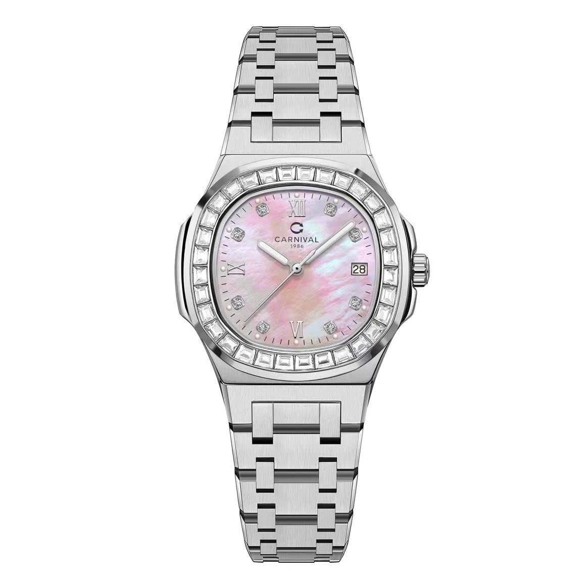 Đồng Hồ Nữ Carnival 8160L2-VT-HK Dây Thép Silver Mặt Xà Cừ Hồng Viền Đá Size 34mm Sapphire