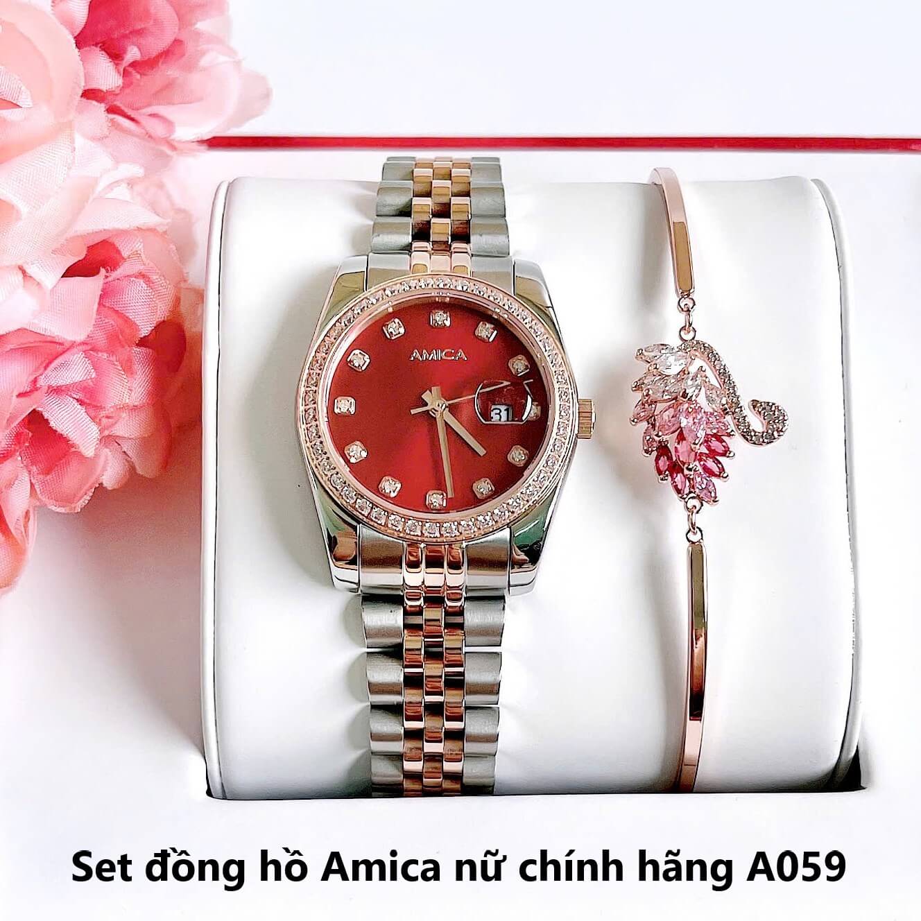 Set đồng hồ nữ Amica chính hãng màu demi vàng hồng mặt đỏ size 32mm - Đồng hồ Amica A059