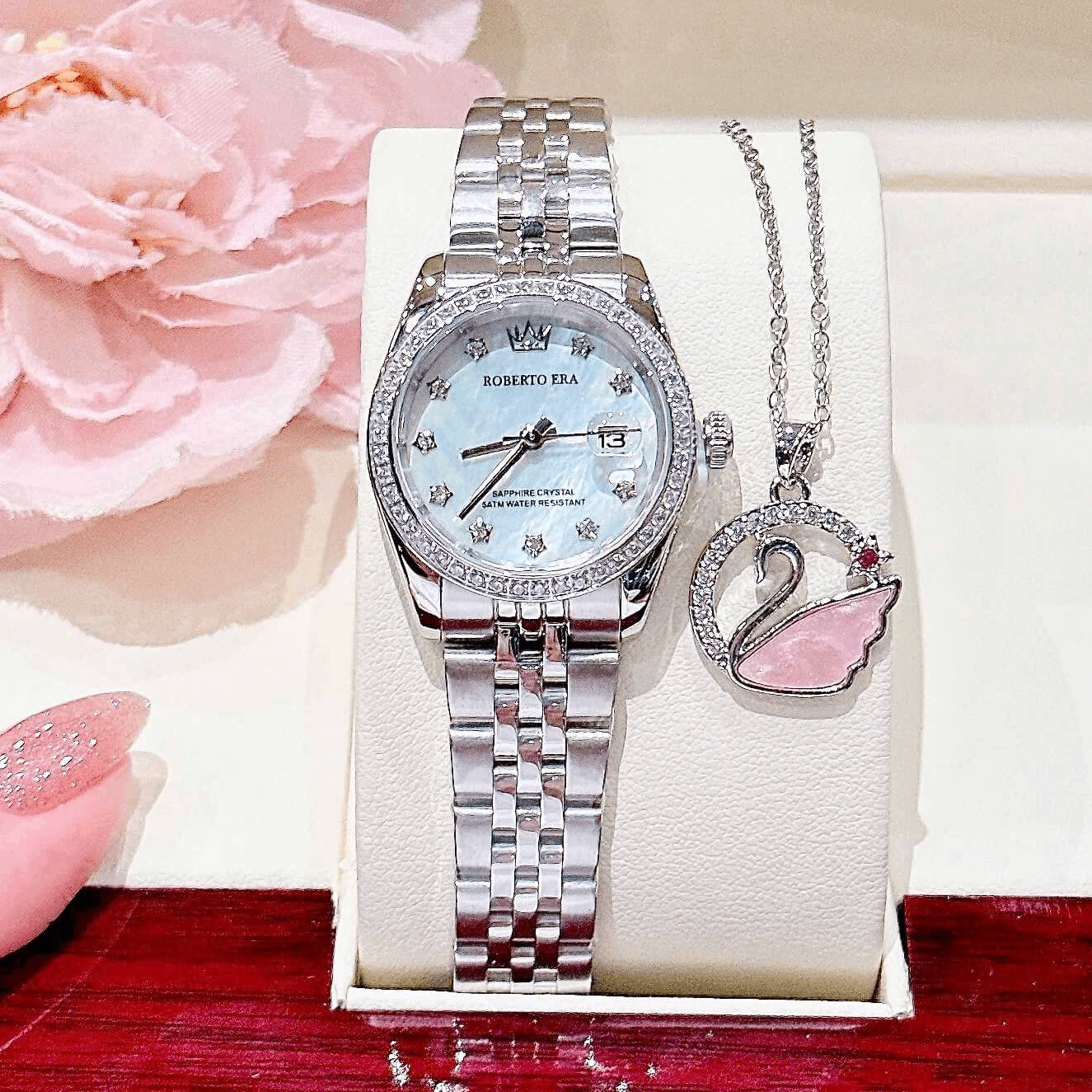 Đồng Hồ Nữ Roberto Era Dây Thép Silver Mặt Xà Cừ Trắng Viền Đá Size 28mm Roberto Era RE120