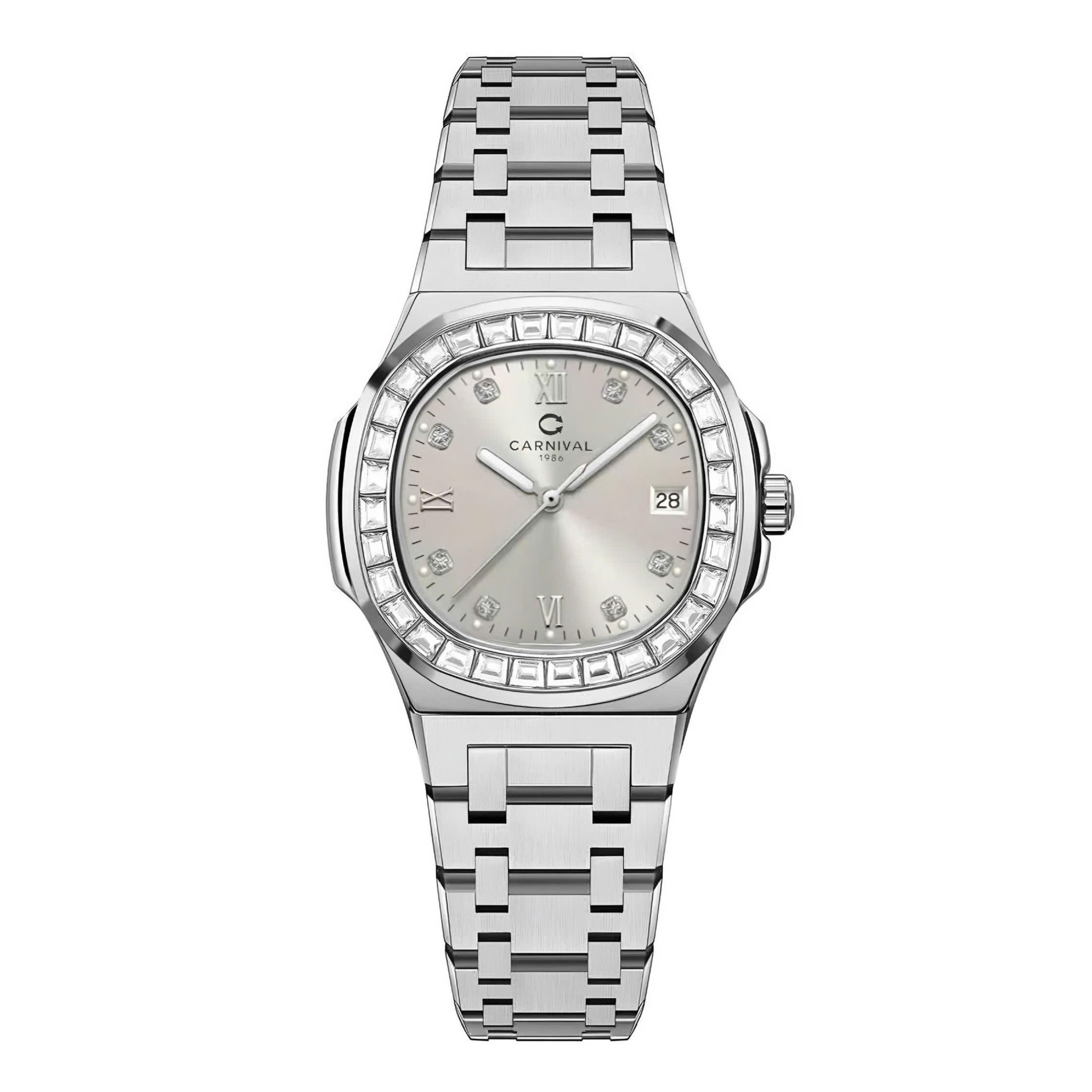 Đồng Hồ Nữ Carnival 8160L2-VT-TX Dây Thép Silver Mặt Xám Viền Đá Size 34mm Sapphire