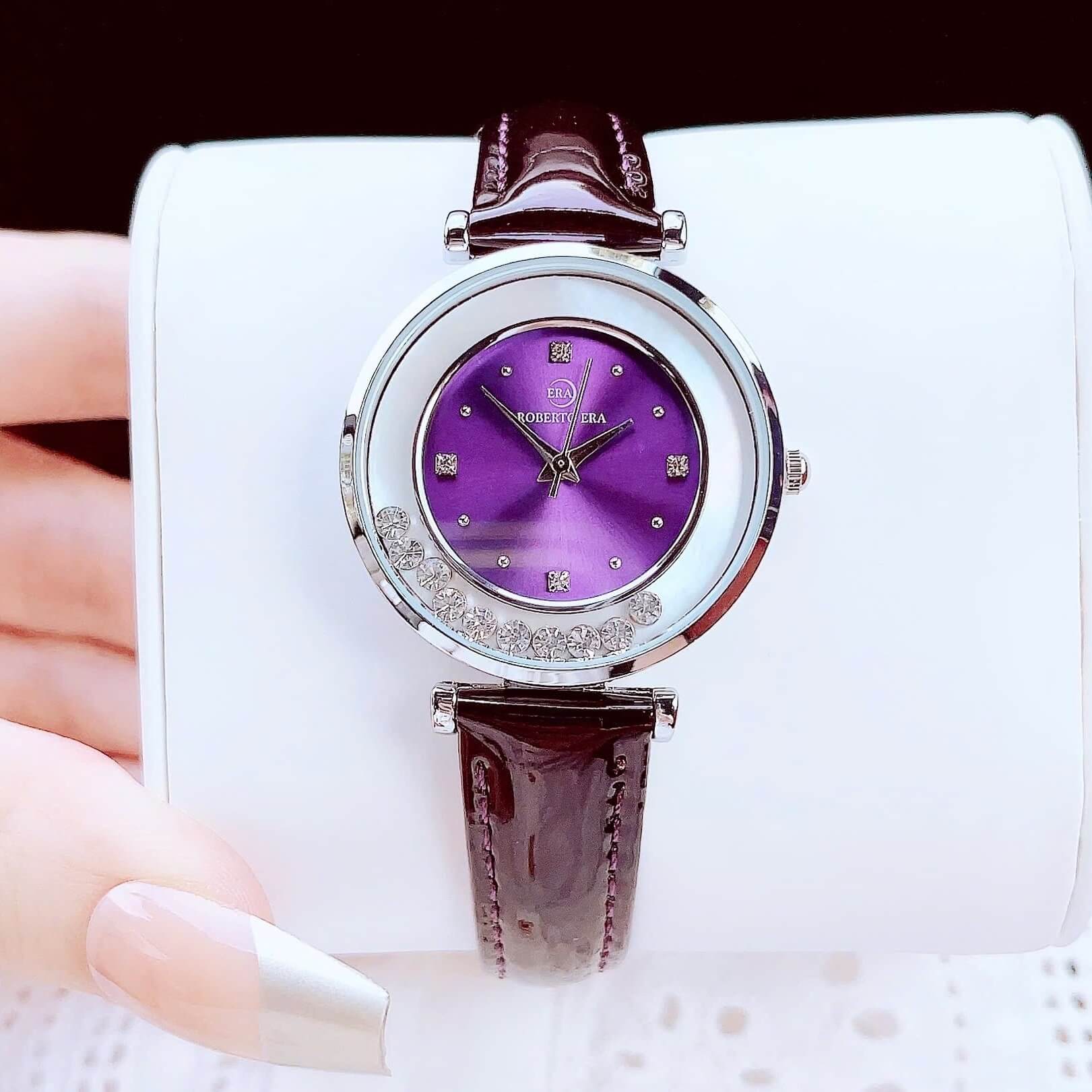 Đồng hồ nữ chính hãng Roberto Era RE0849 dây da tím mặt đá chảy size 32mm vỏ silver