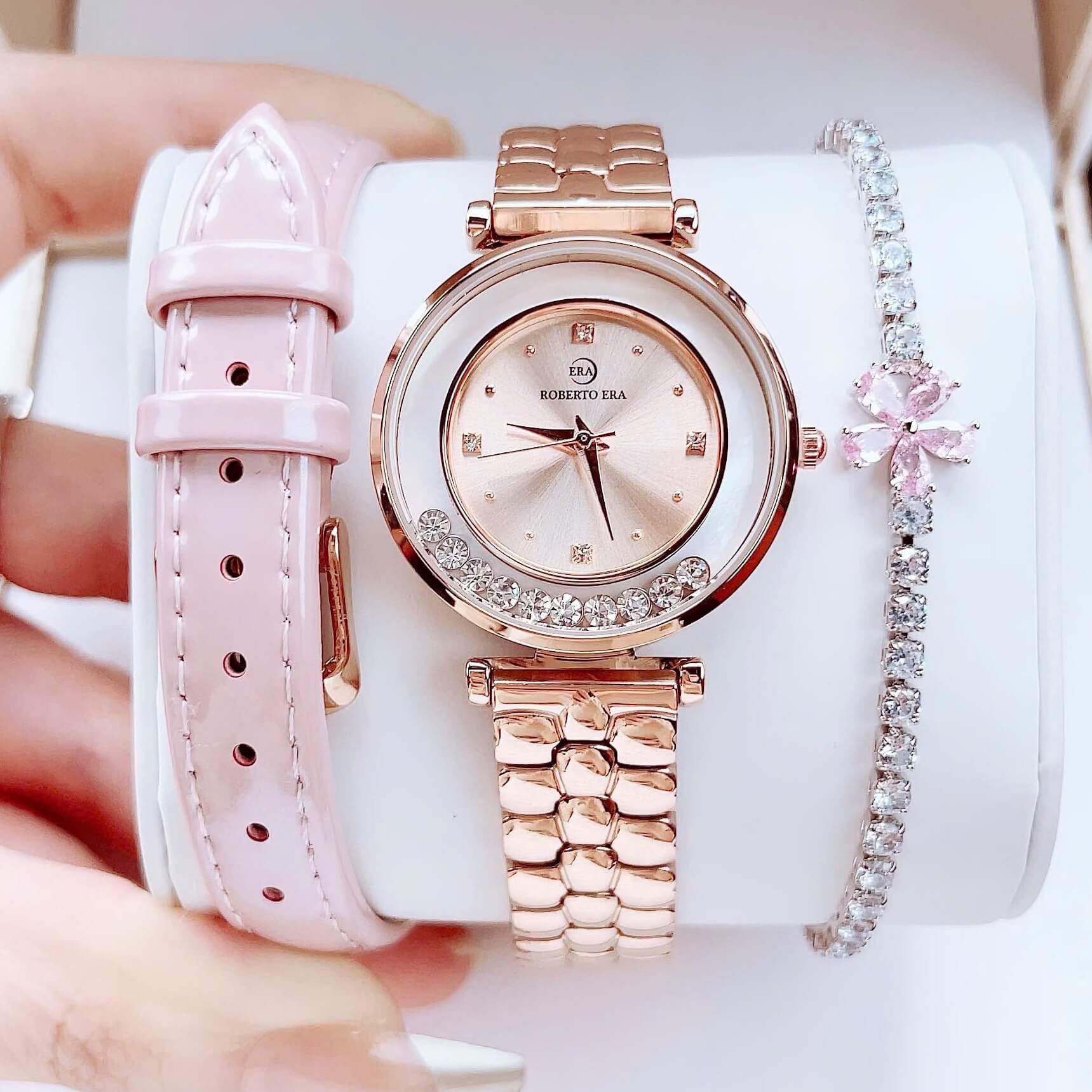 Set đồng hồ nữ chính hãng Roberto Era RE0843 dây da hồng vỏ rose size 32mm kèm bộ dây kim loại và phụ kiện