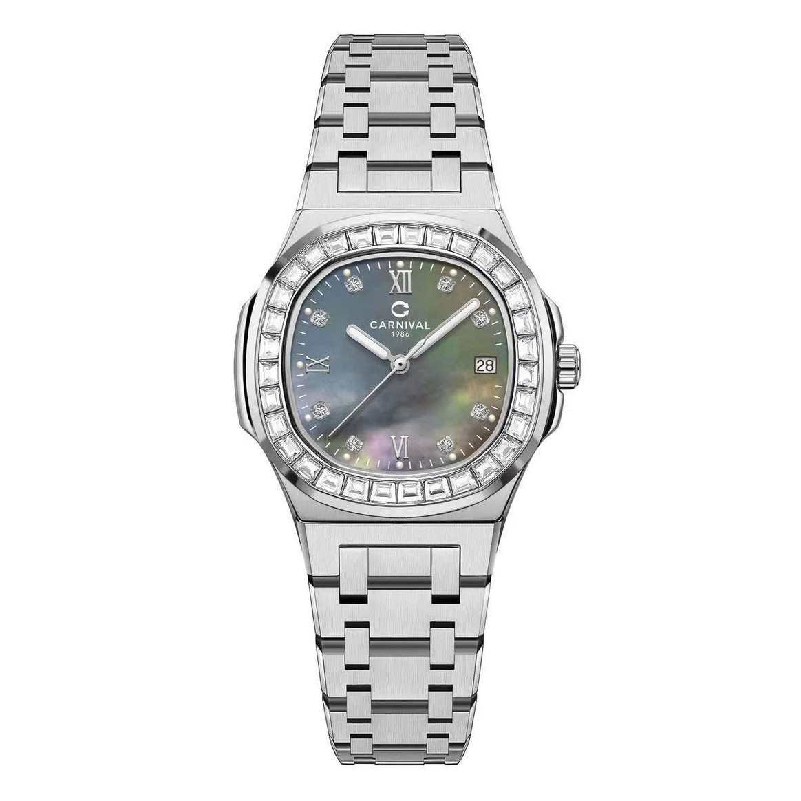 Đồng Hồ Nữ Carnival 8160L2-VT-DK Dây Thép Silver Mặt Xà Cừ Xám Viền Đá Size 34mm Sapphire