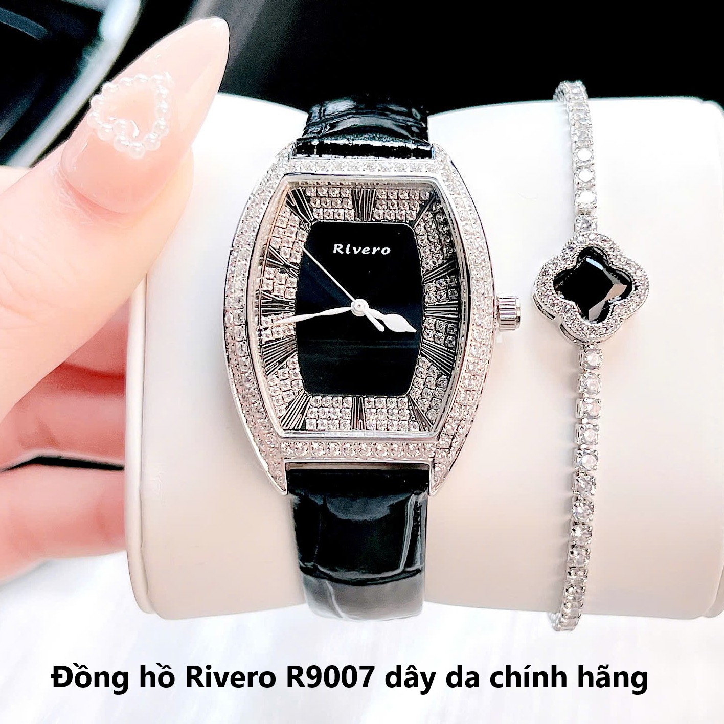Đồng hồ Rivero nữ chính hãng, đồng hồ Rivero R9007 dây da đen vỏ silver size 34mm