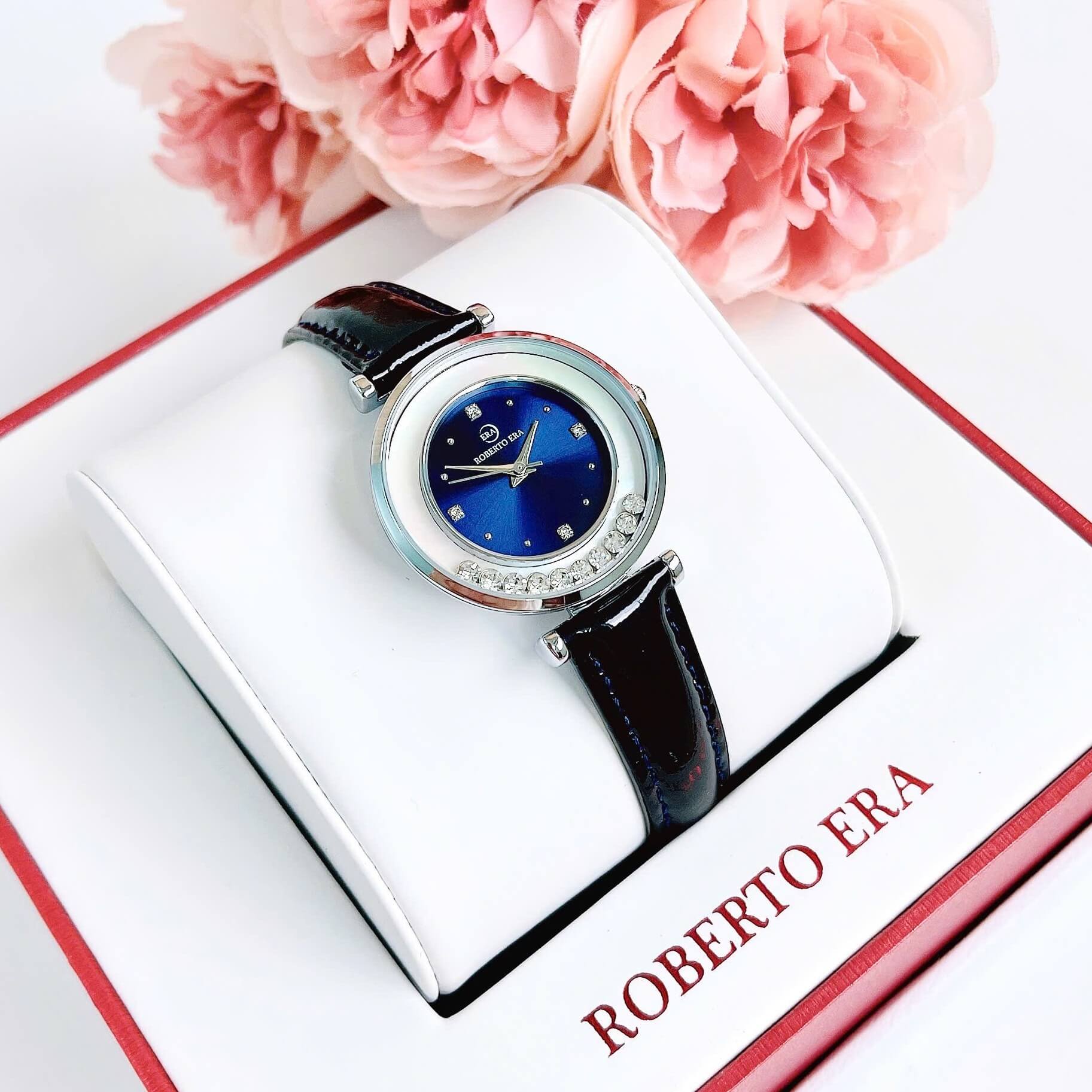Đồng hồ nữ chính hãng Roberto Era RE0847dây da xanh dương đậm mặt đá chảy size 32mm vỏ silver