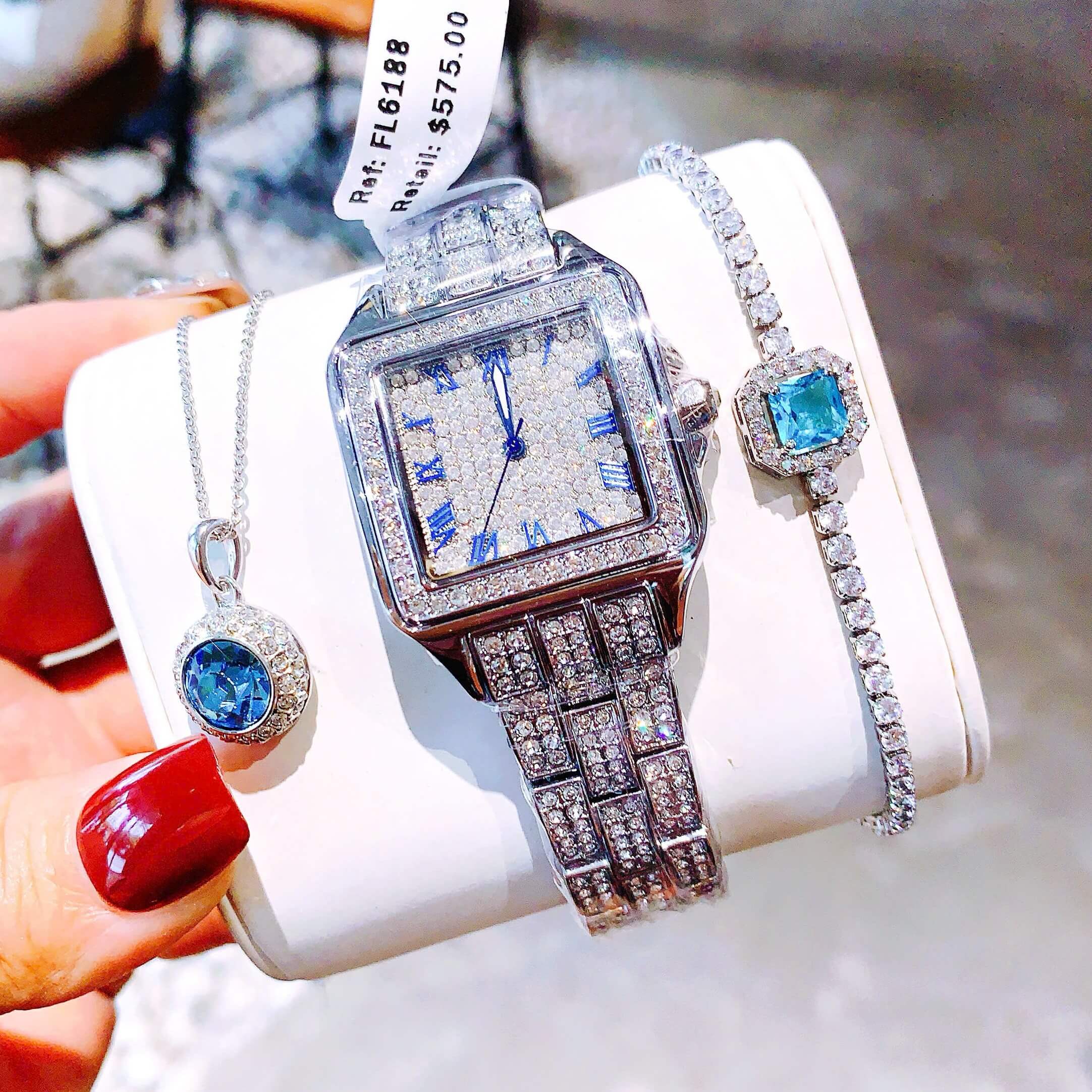 Đồng Hồ Nữ Franklin Đính Đá Chính Hãng Mặt Vuông Size 34mm Kim Xanh Quartz FL6188