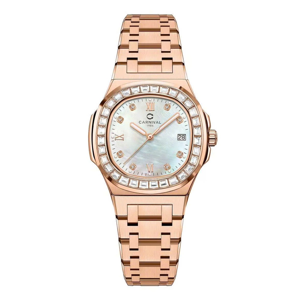 Đồng Hồ Nữ Carnival 8160L2-VH-TK Vàng Hồng Mặt Xà Cừ Trắng Viền Đá Size 34mm Sapphire