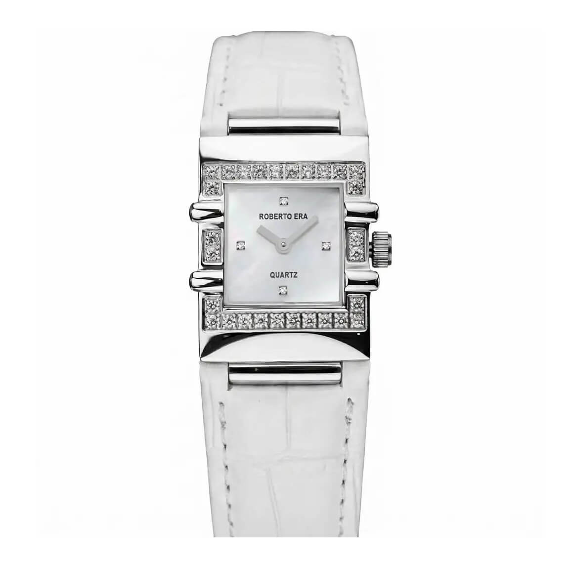 Đồng hồ nữ chính hãng Roberto Era RE1601W dây da trắng mặt vuông size 20x30mm vỏ silver