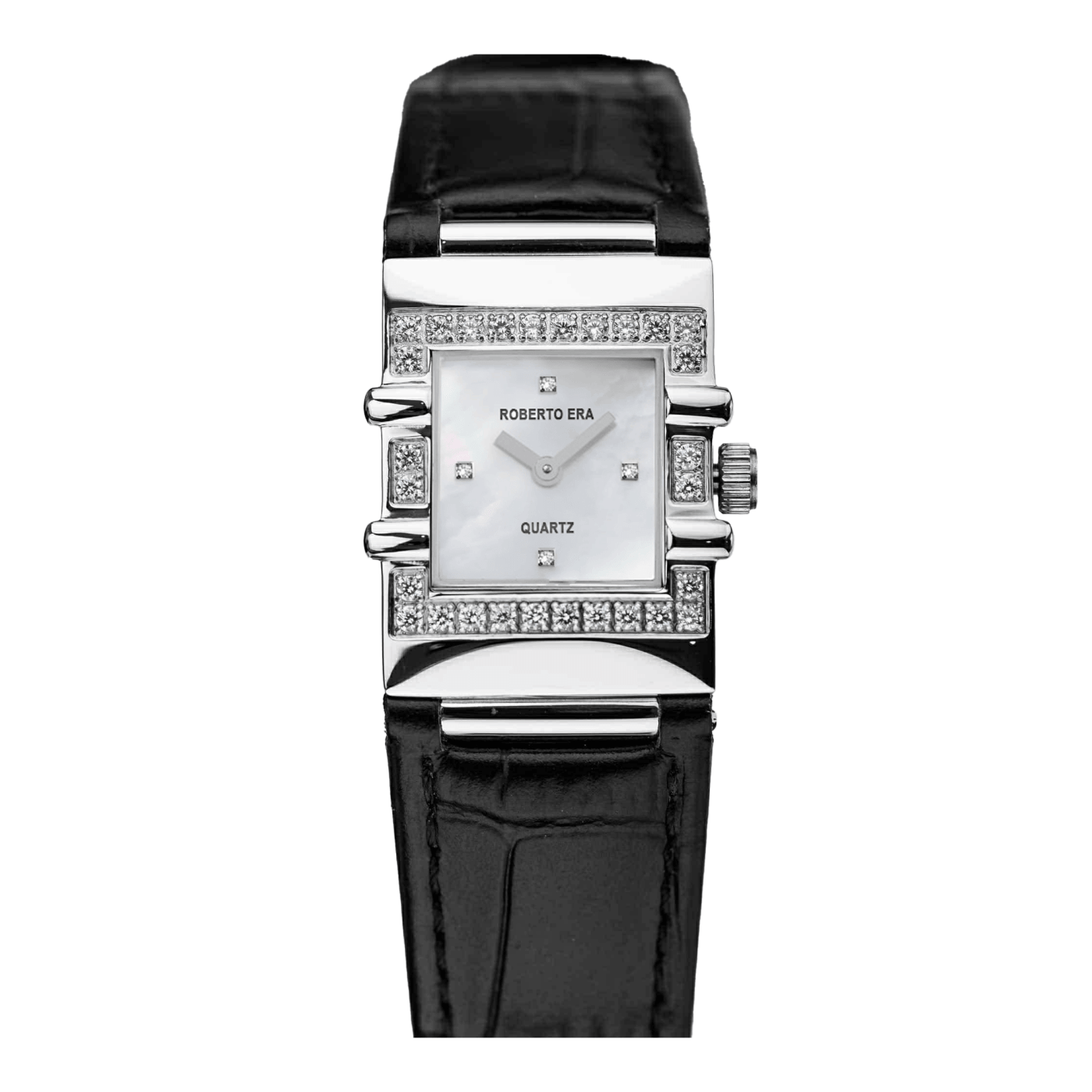 Đồng hồ nữ chính hãng Roberto Era RE1601 dây da đen mặt trắng vuông size 20x30mm vỏ silver