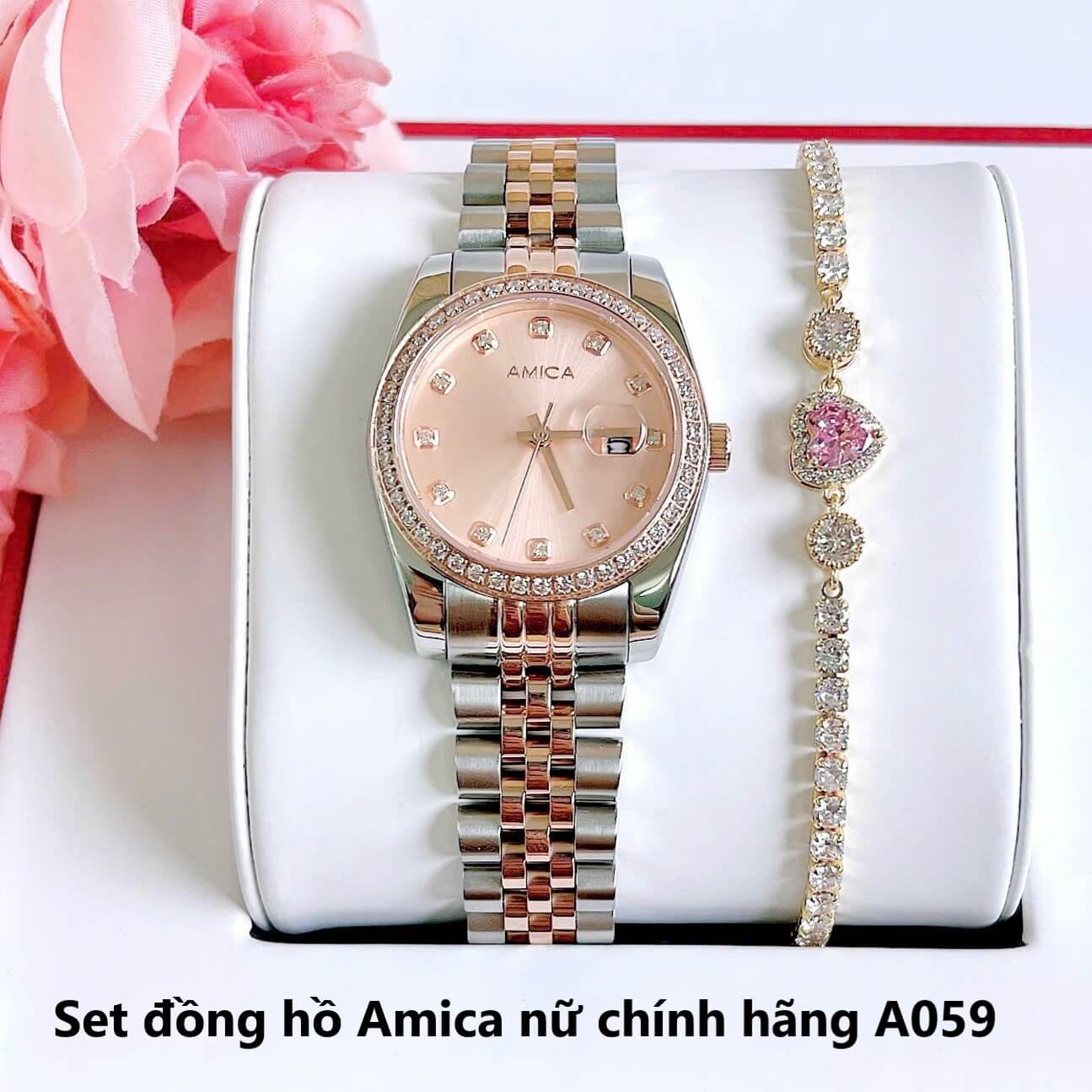 Set đồng hồ nữ Amica chính hãng màu demi vàng hồng size 32mm - Đồng hồ Amica A059