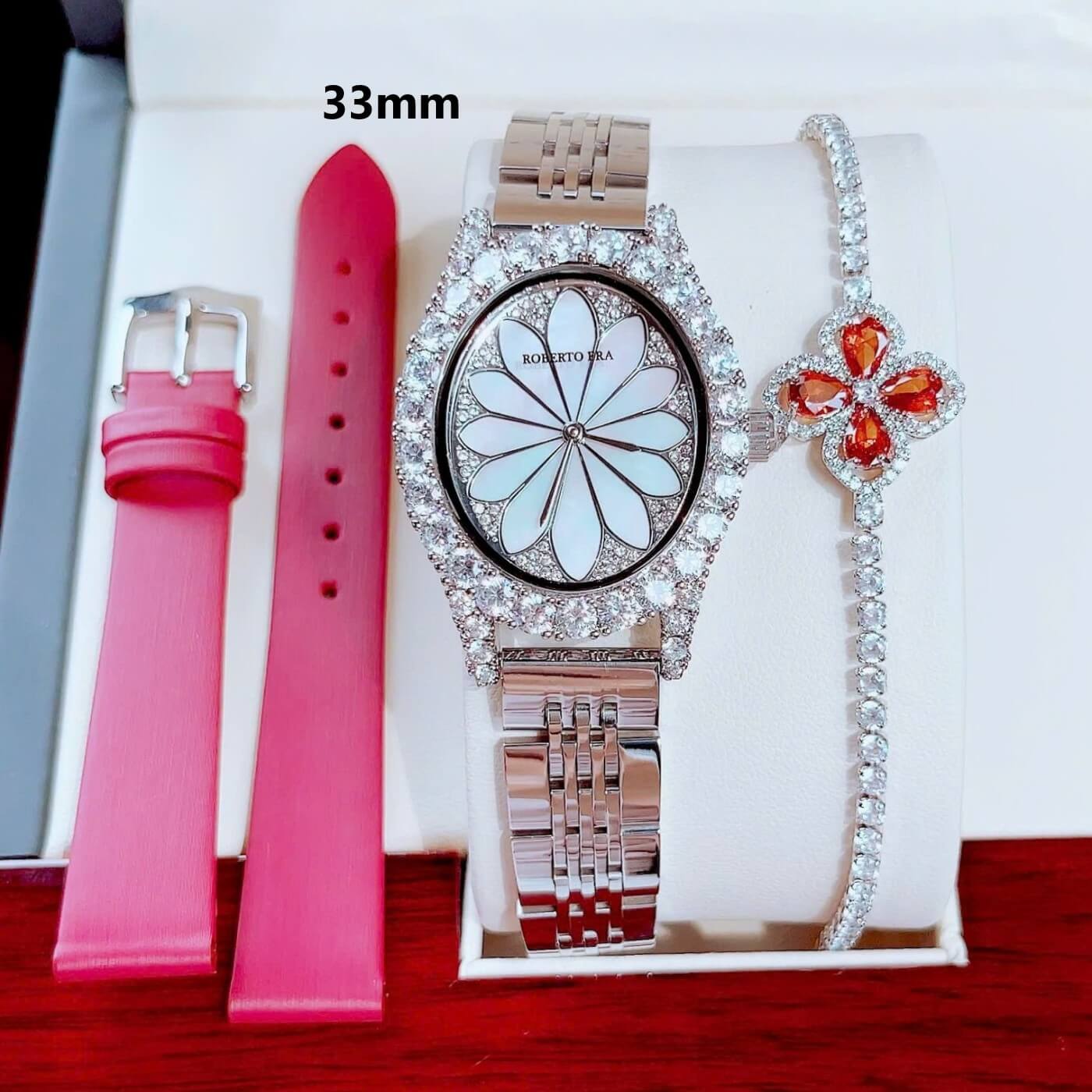Set đồng hồ nữ Roberto Era mặt oval đính đá, khảm xà cừ lấp lánh, size 33mm RE2200