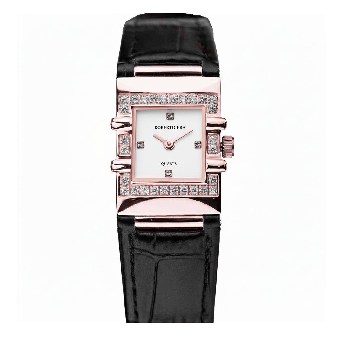 Đồng hồ nữ chính hãng Roberto Era RE1601 dây da đen mặt trắng vuông size 20x30mm vỏ rose gold