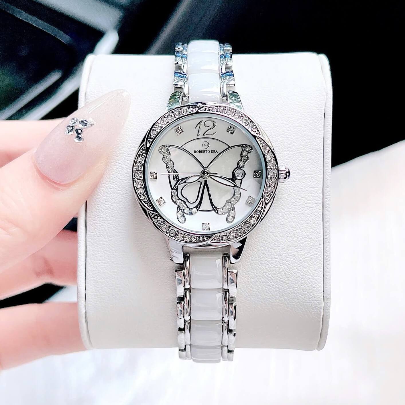 Đồng hồ nữ chính hãng Roberto Era màu bạc silver đá ceramic trắng size 32mm RE5680 - Mặt đồng hồ họa tiết bướm