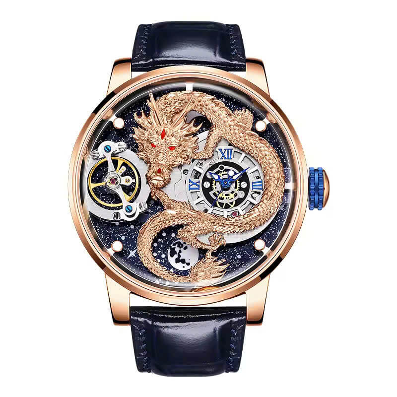 Đồng Hồ Nam Hanboro Automatic Dây Da Xanh Đậm Vỏ Rose Gold Mặt Rồng Size 44mm HBR1018