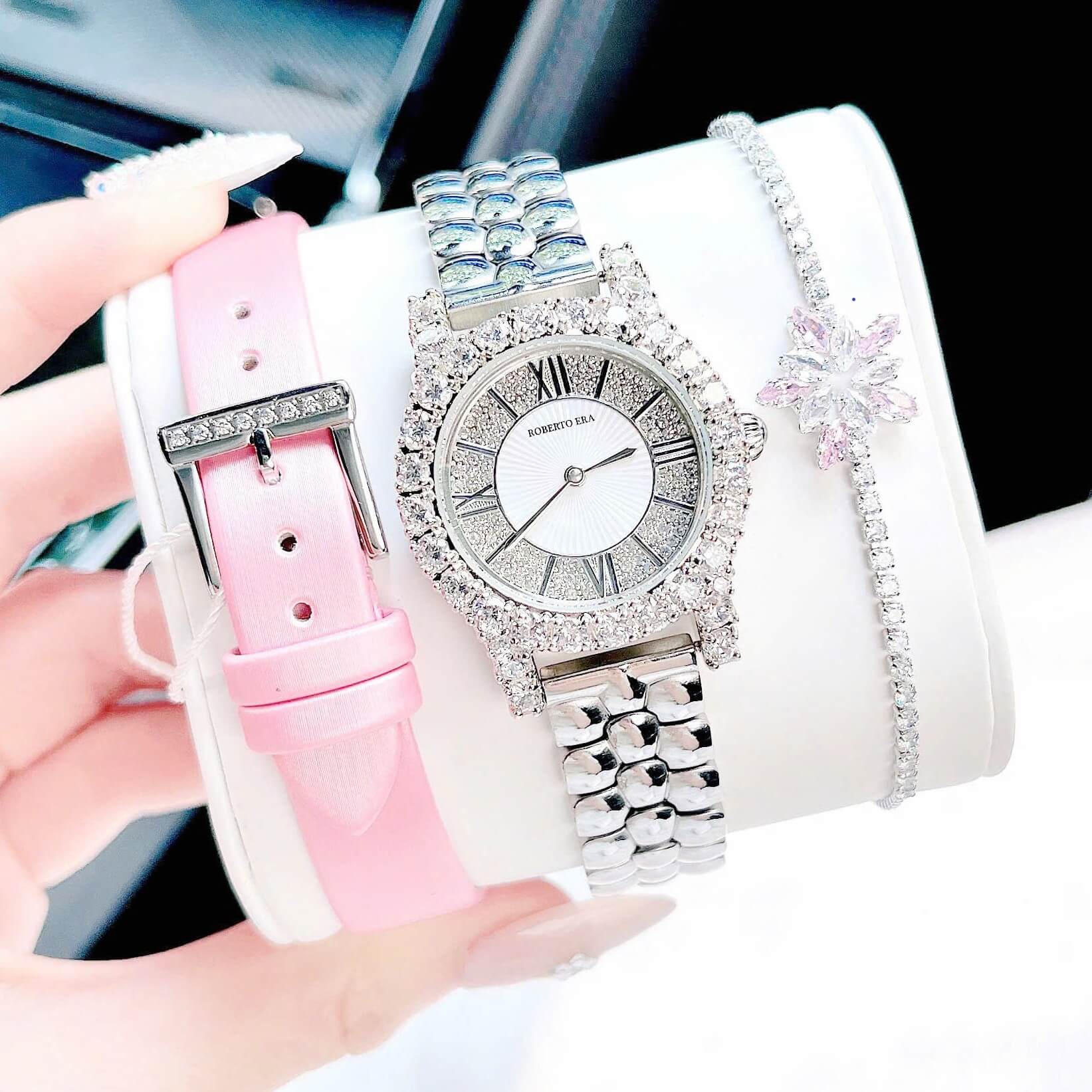 Set đồng hồ nữ chính hãng Roberto Era RE834 dây da lụa hồng size 32mm mặt đính đá - Kèm dây kim loại và phụ kiện