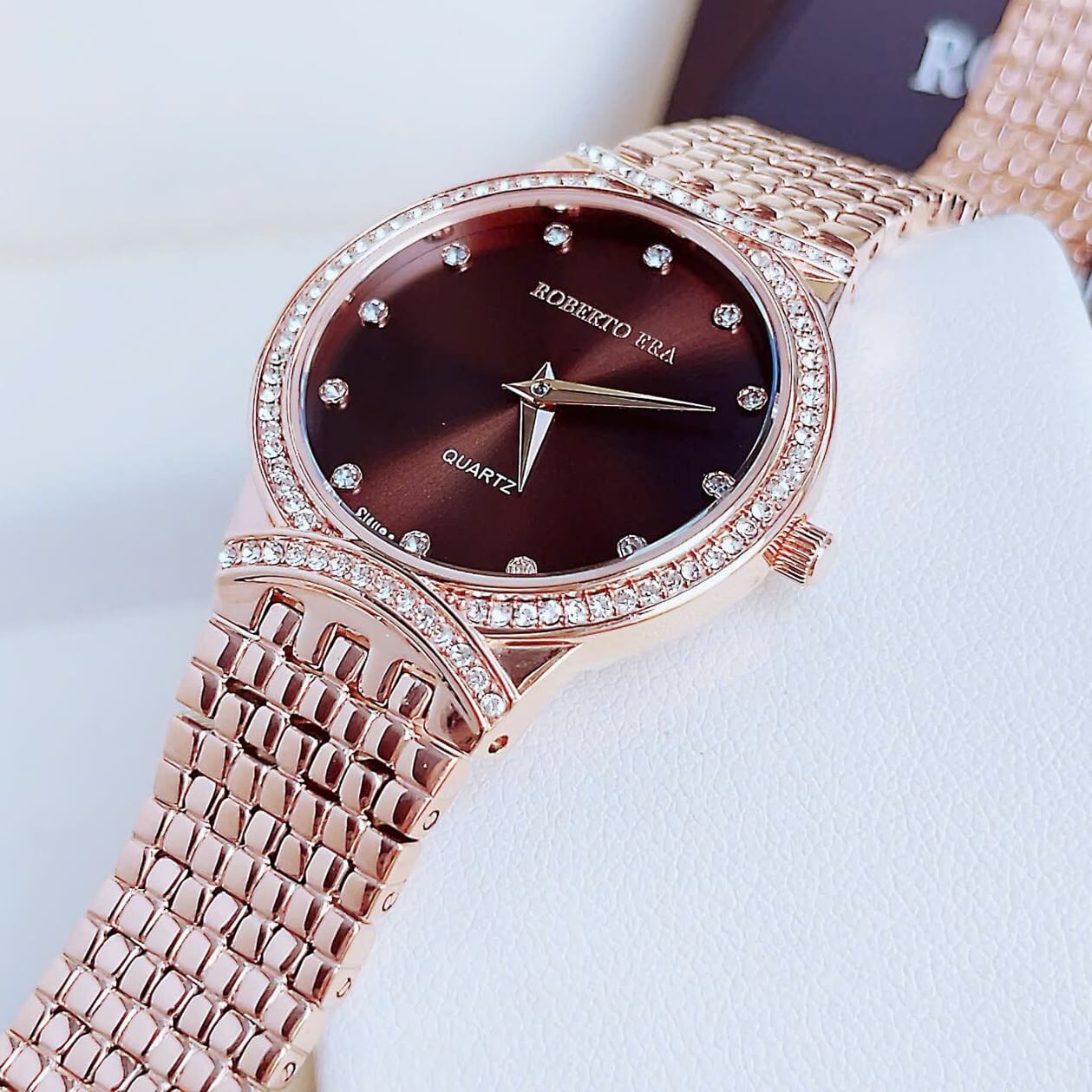 Đồng hồ nữ chính hãng Roberto Era RE2901 màu vàng hồng mặt nâu viền đá size 28mm