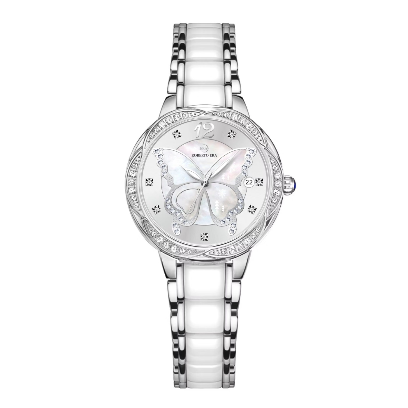 Đồng hồ nữ chính hãng Roberto Era màu bạc silver đá ceramic trắng size 32mm RE5680 - Mặt đồng hồ họa tiết bướm