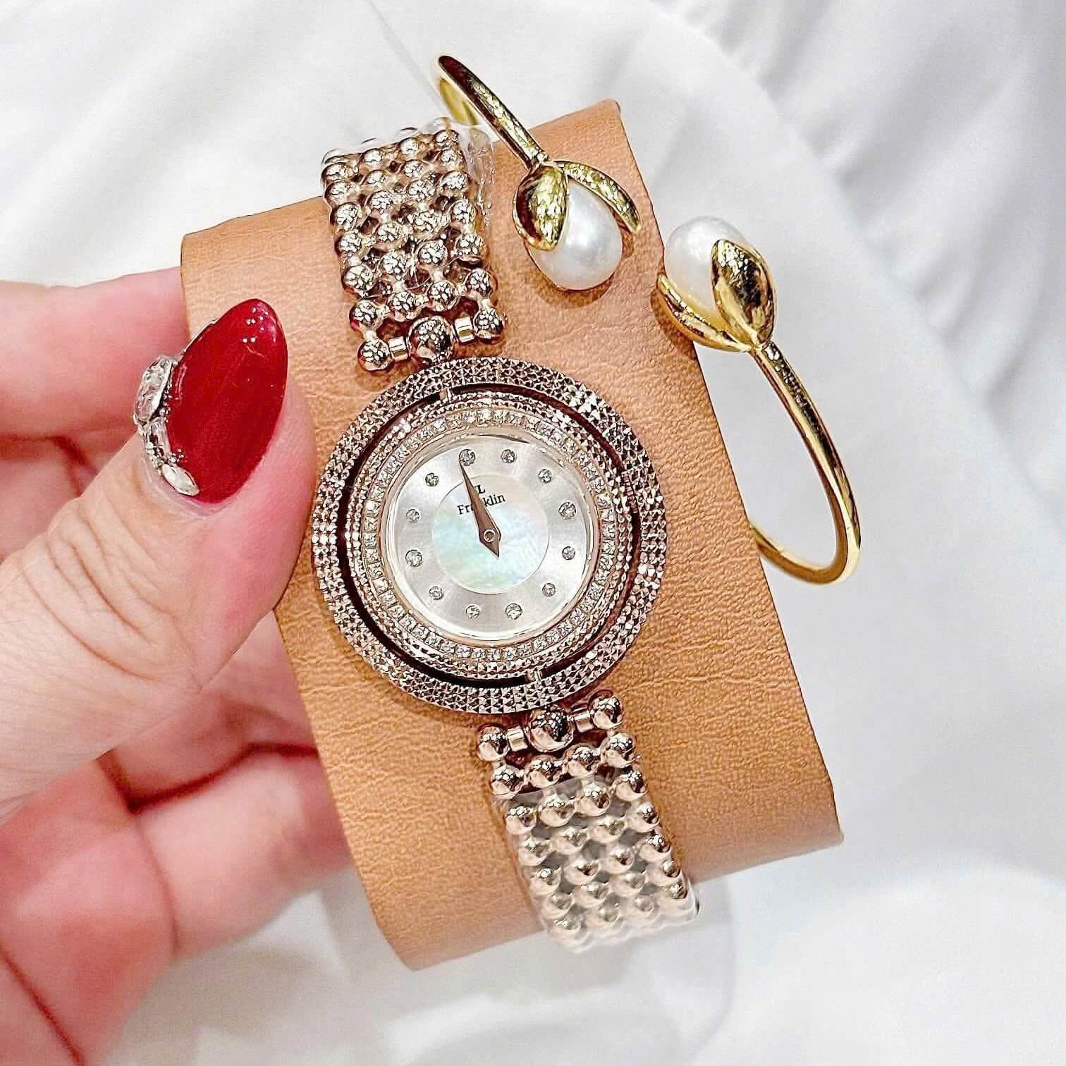 Đồng Hồ Nữ Franklin FL5488 Dây Thép Vàng Hồng Mặt Xà Cừ Trắng Size 32mm Mặt Xoay 360 Độ