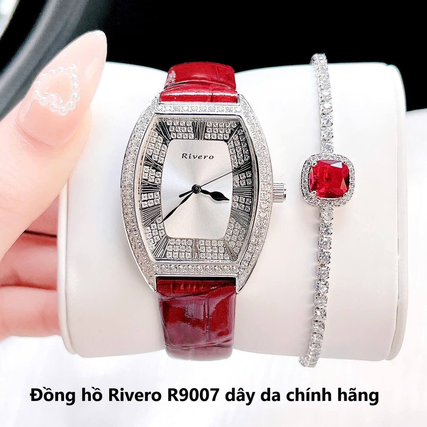 Đồng hồ Rivero nữ chính hãng, đồng hồ Rivero R9007 dây da đỏ vỏ silver size 34mm