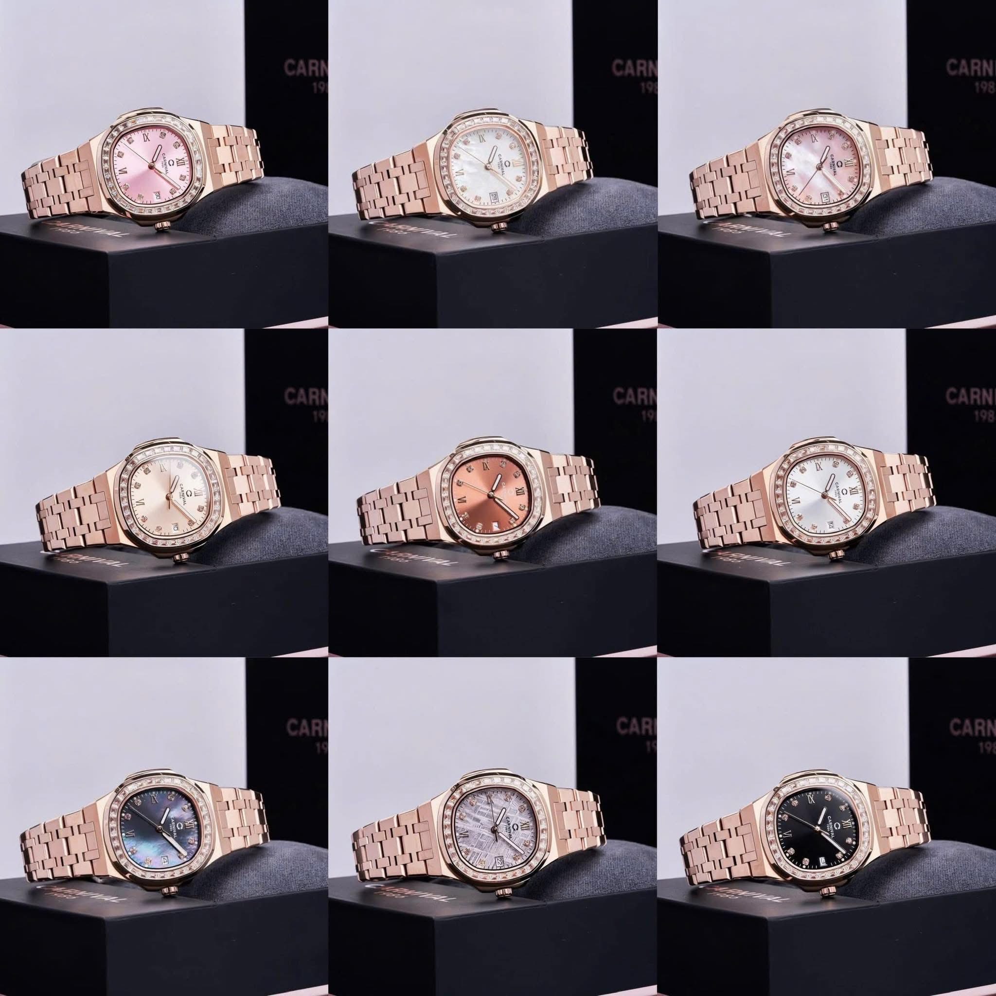 Đồng Hồ Nữ Carnival 8160L2-VH-DO Vàng Hồng Mặt Đỏ Viền Đá Size 34mm Sapphire