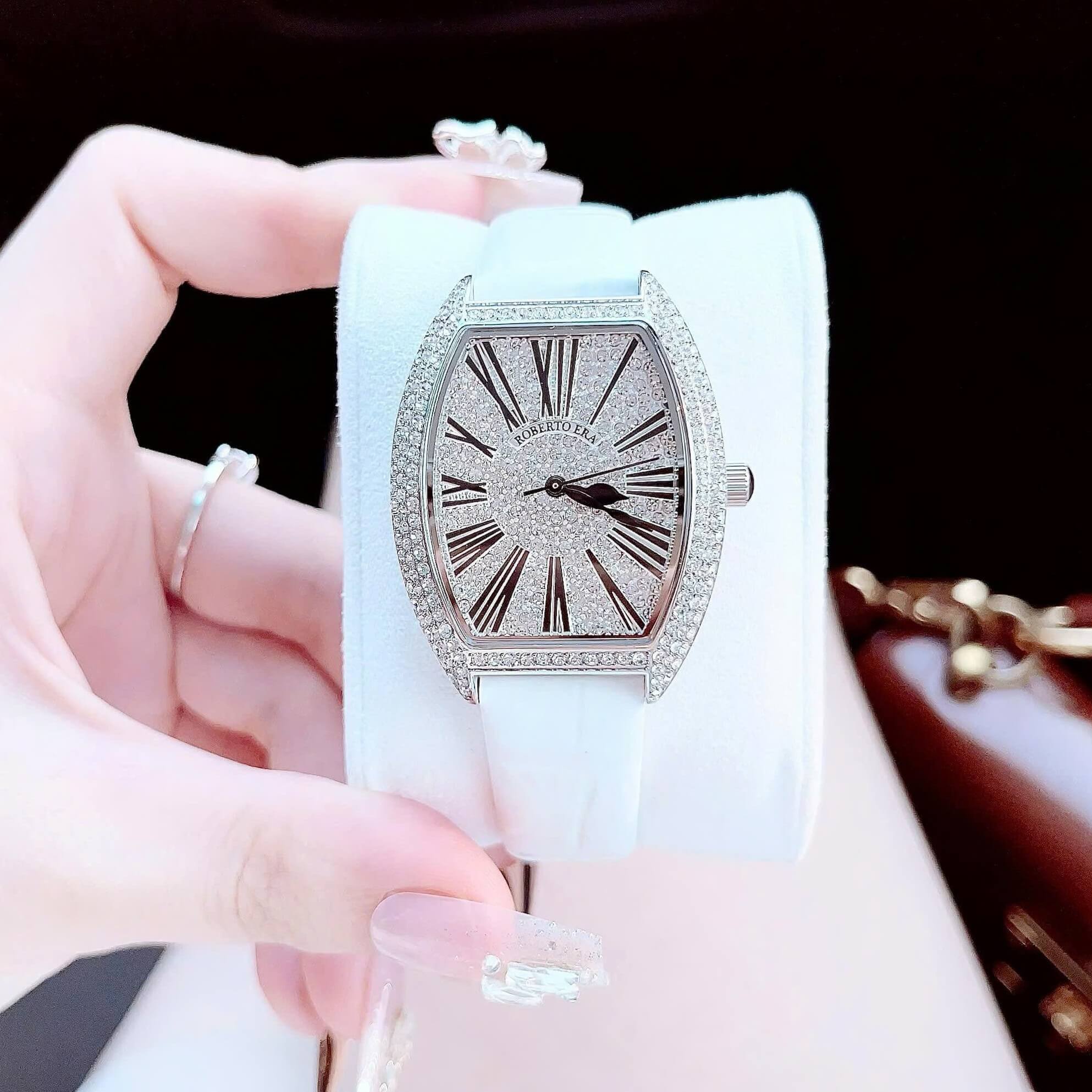 Set đồng hồ nữ chính hãng Roberto Era RE022 dây da trắng mặt số la mã, vỏ bạc silver size 36mm