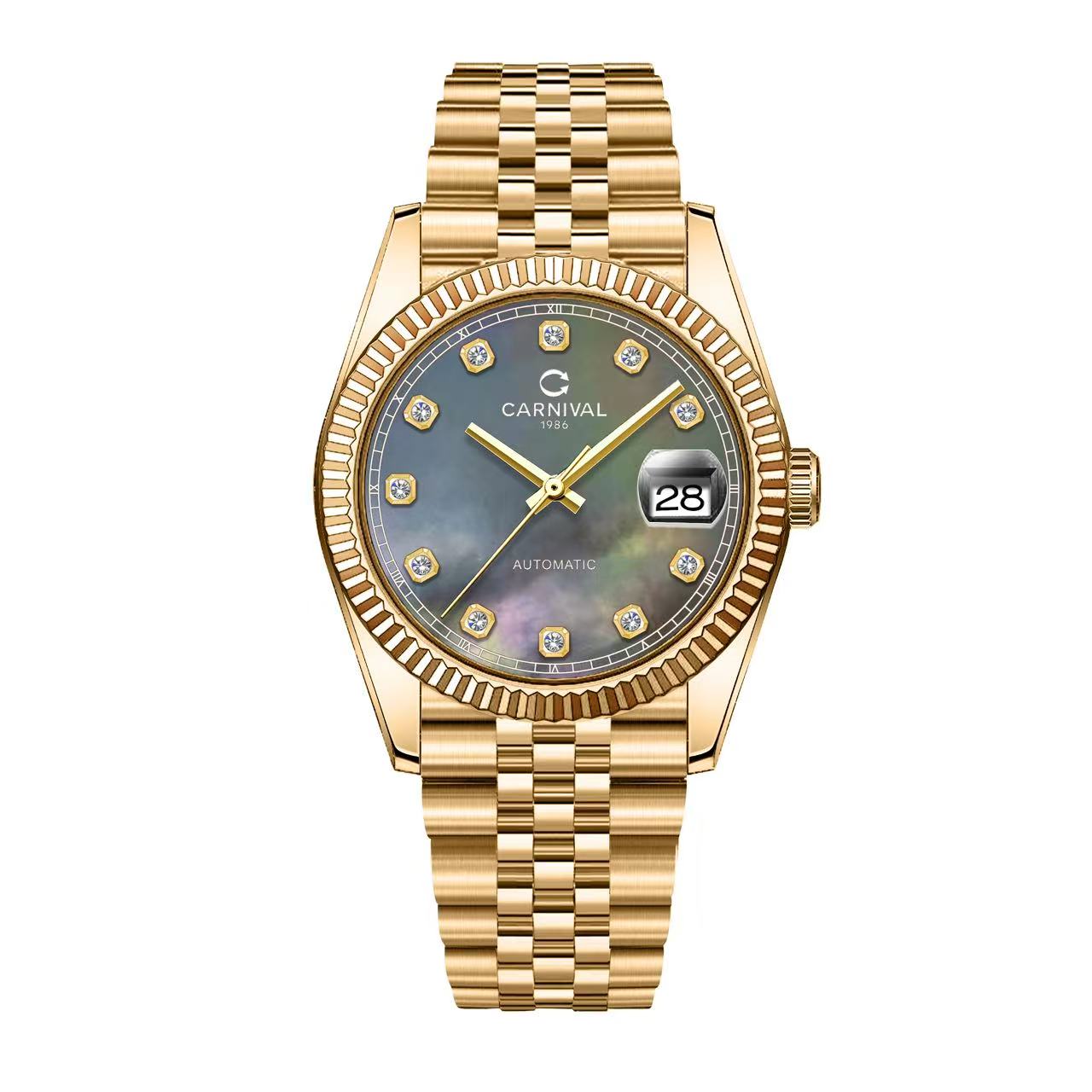 Đồng Hồ Nam Carnival 8250G-VV-DK Automatic Dây Thép Vàng Mặt Xà Cừ Xám Đen Size 38mm