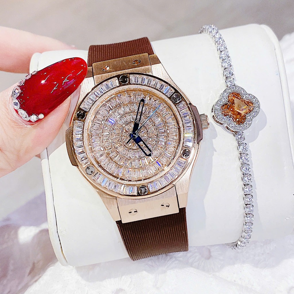 Set Đồng hồ nữ X-cer chính hãng dây cao su nâu vỏ vàng hồng size 34mm - Mặt đồng hồ đính đá