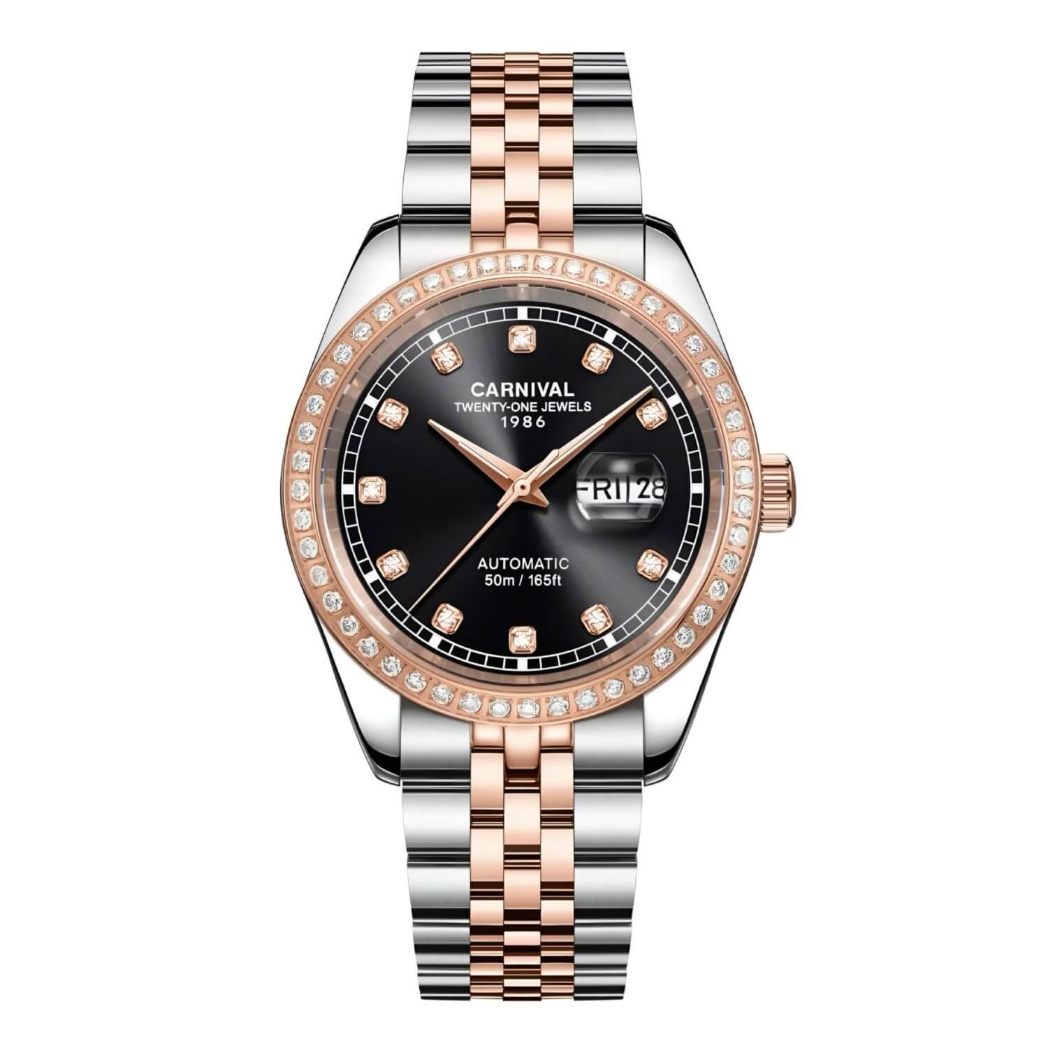 Đồng Hồ Nam Carnival 8131G2-CH-D Automatic Dây Thép Demi Vàng Hồng Mặt Đen Size 40mm