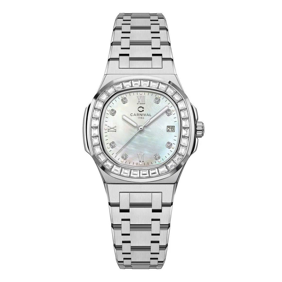 Đồng Hồ Nữ Carnival 8160L2-VT-TK Dây Thép Silver Mặt Xà Cừ Trắng Viền Đá Size 34mm Sapphire