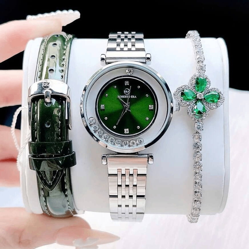 Set đồng hồ nữ chính hãng Roberto Era RE084 dây da xanh lá vỏ silver size 32mm, kèm bộ dây kim loại và phụ kiện