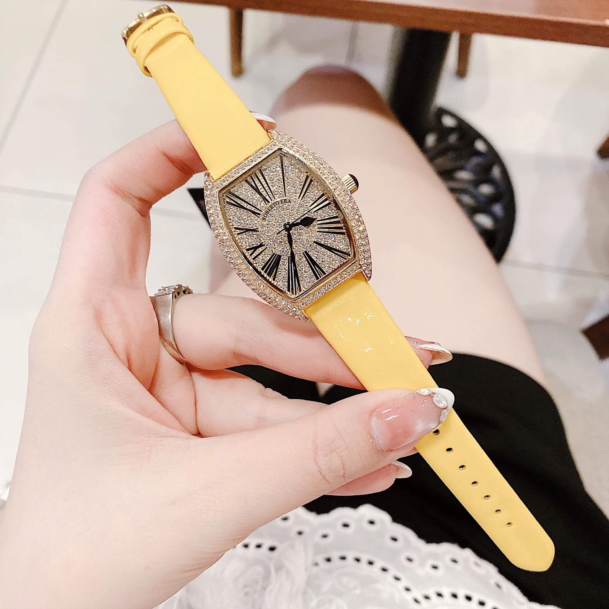 Set đồng hồ nữ chính hãng Roberto Era RE022 dây da vàng mặt số la mã vỏ vàng gold size 36mm