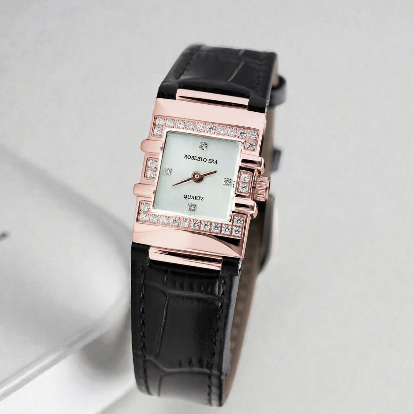 Đồng hồ nữ chính hãng Roberto Era RE1601 dây da đen mặt trắng vuông size 20x30mm vỏ rose gold