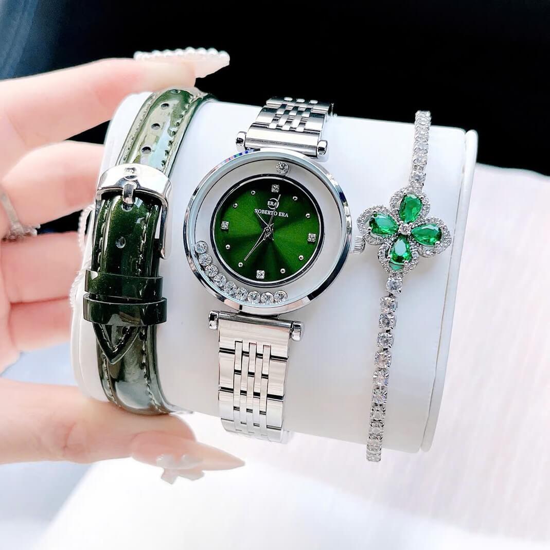 Set đồng hồ nữ chính hãng Roberto Era RE084 dây da xanh lá vỏ silver size 32mm, kèm bộ dây kim loại và phụ kiện