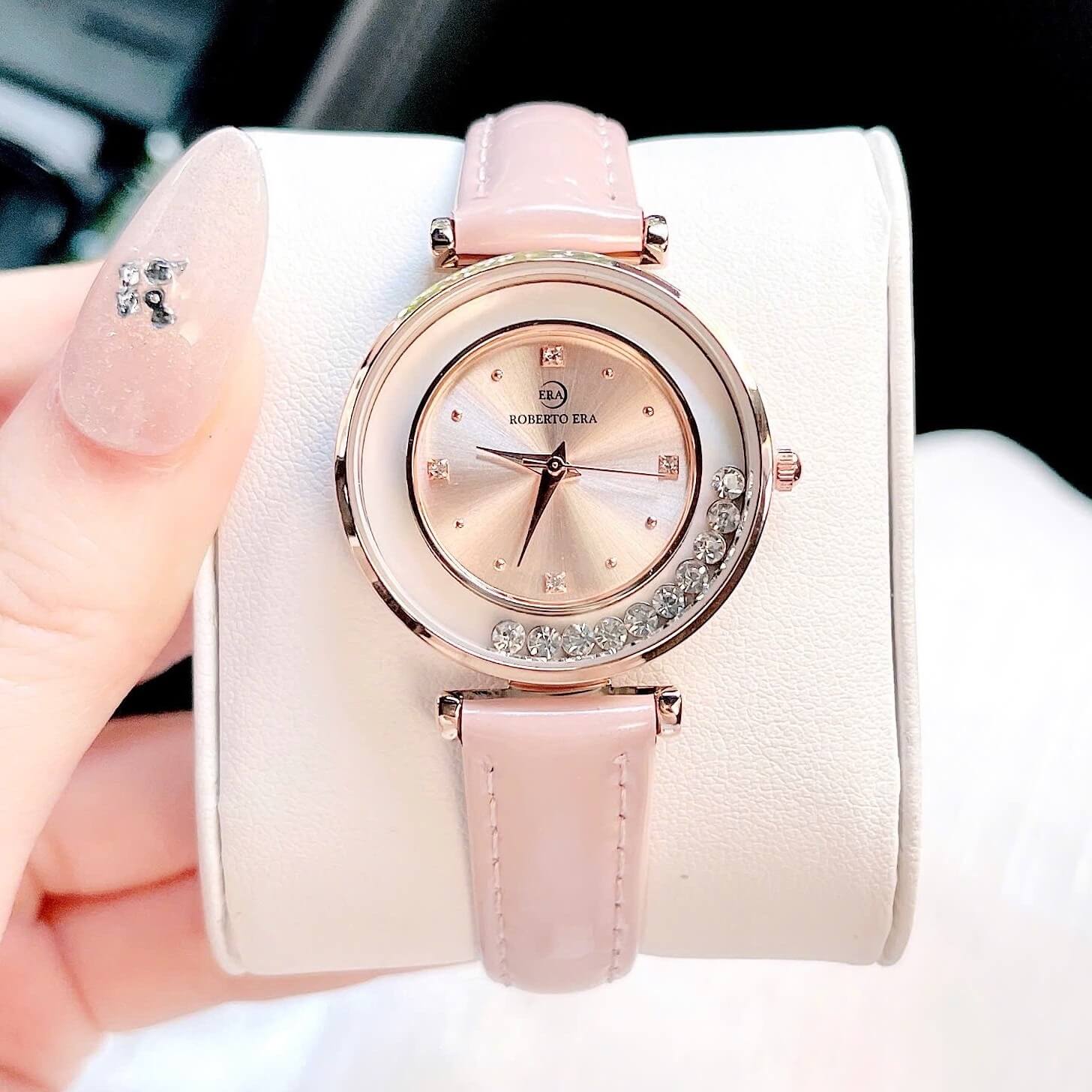 Đồng hồ nữ chính hãng Roberto Era RE0843 dây da hồng mặt đá chảy size 32mm vỏ vàng hồng