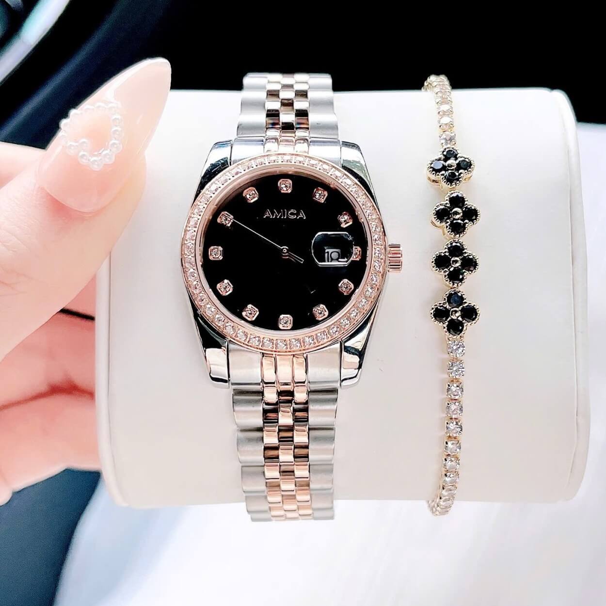 Set đồng hồ nữ Amica chính hãng màu demi vàng hồng mặt đen size 32mm - Đồng hồ Amica A059