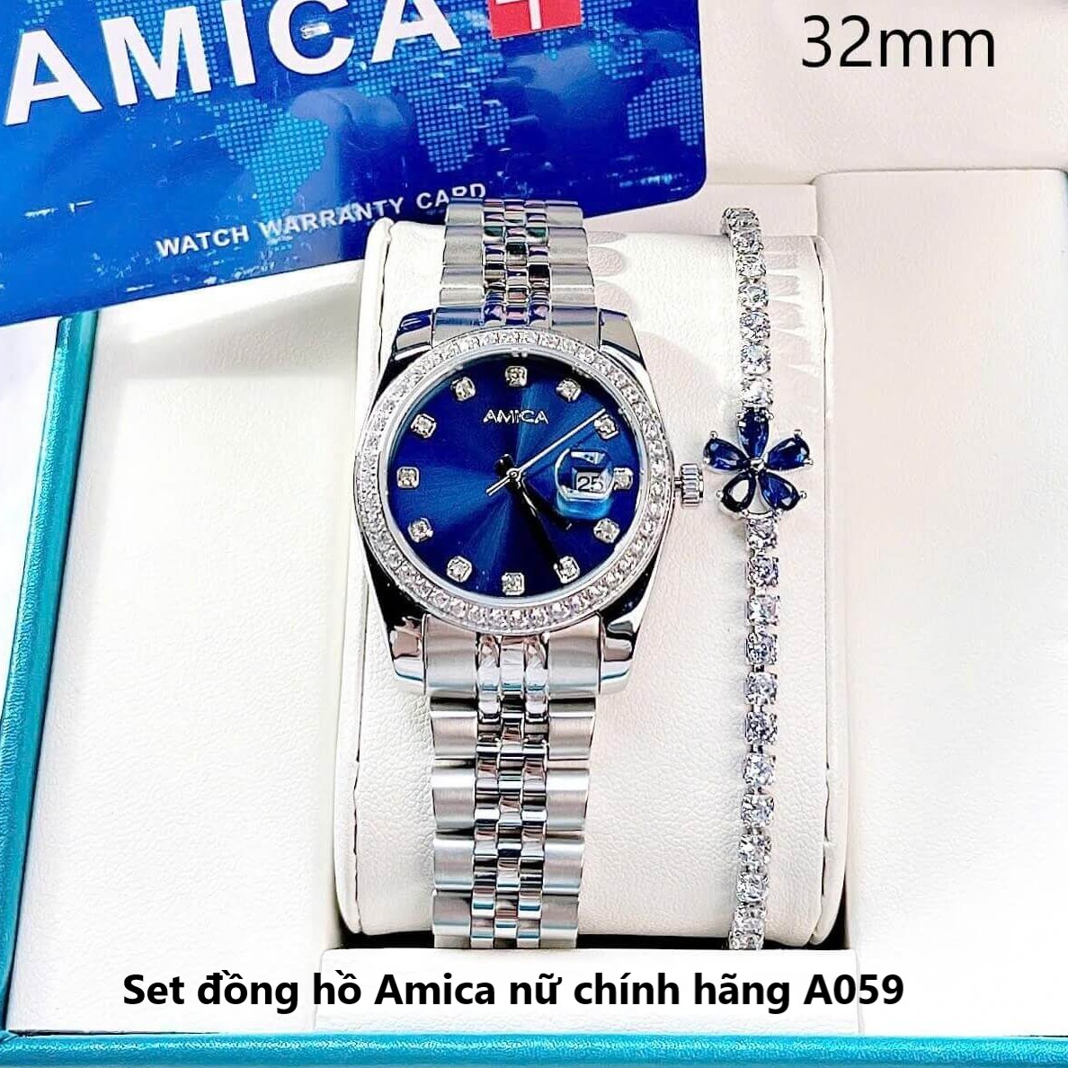 Set đồng hồ nữ Amica chính hãng màu bạc mặt xanh dương size 32mm - Đồng hồ Amica A059