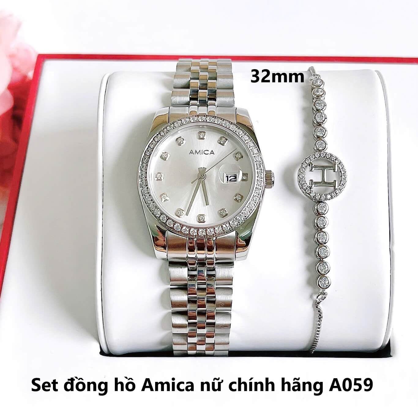 Set đồng hồ nữ Amica chính hãng màu bạc mặt trắng size 32mm - Đồng hồ Amica A059