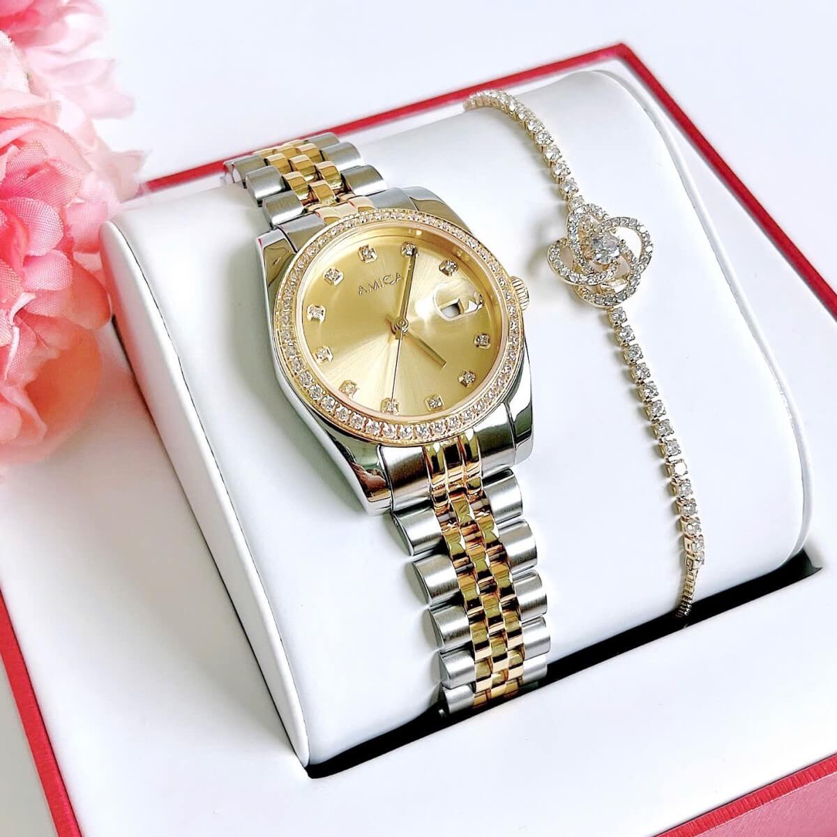 Set đồng hồ nữ Amica chính hãng màu demi vàng gold size 32mm - Đồng hồ Amica A059