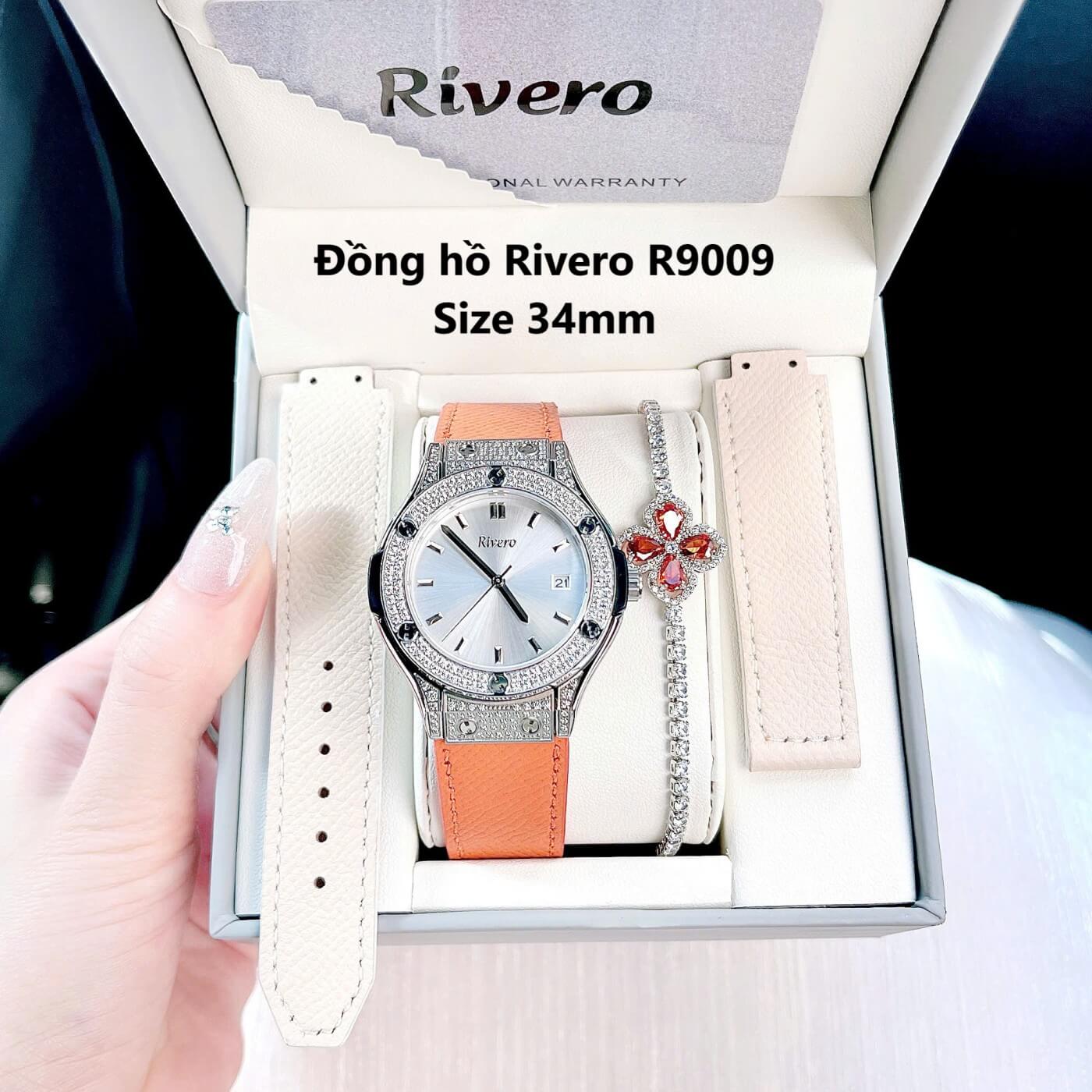 Set đồng hồ Rivero nữ chính hãng, Rivero R9009 dây da cam kèm bộ dây da trắng ngà size 34mm
