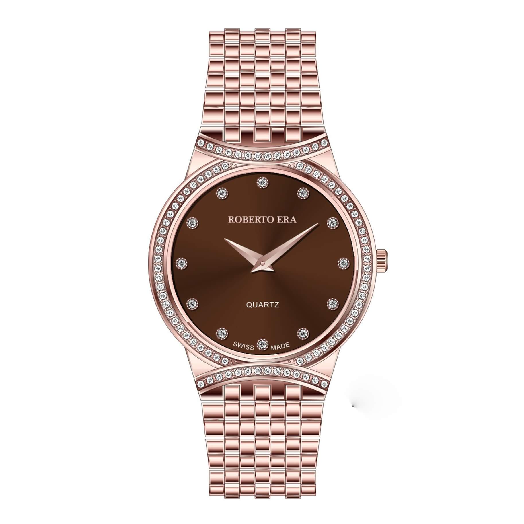 Đồng hồ nữ chính hãng Roberto Era RE2901 màu vàng hồng mặt nâu viền đá size 28mm