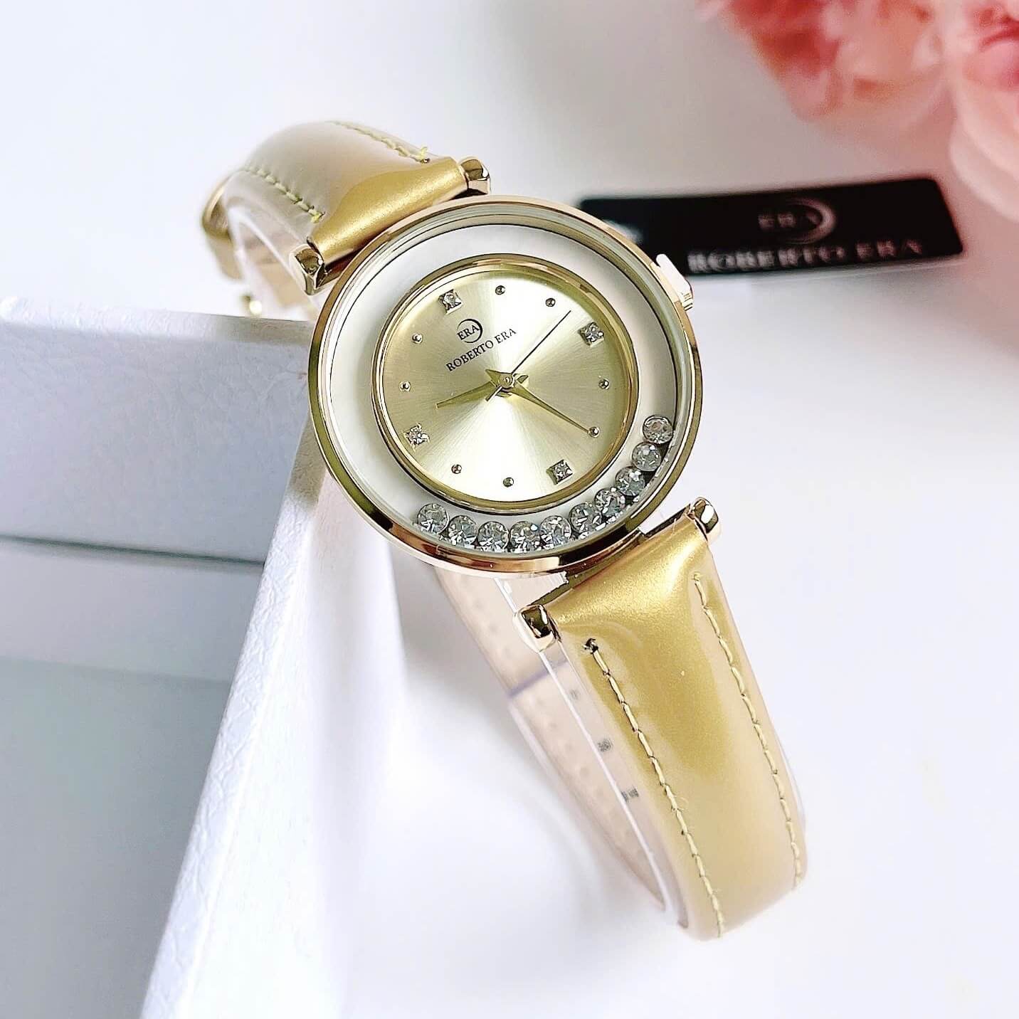 Đồng hồ nữ chính hãng Roberto Era RE084 dây da vàng mặt đá chảy size 32mm vỏ vàng gold