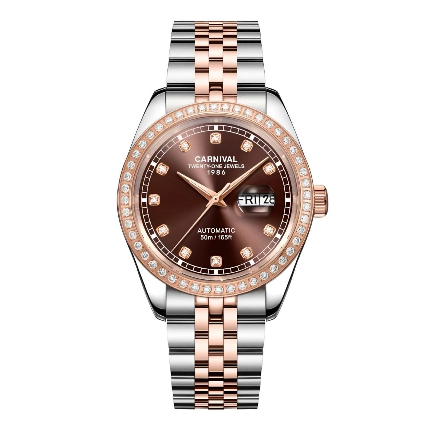 Đồng Hồ Nam Carnival 8131G2-CH-N Automatic Dây Thép Demi Vàng Hồng Mặt Nâu Size 40mm