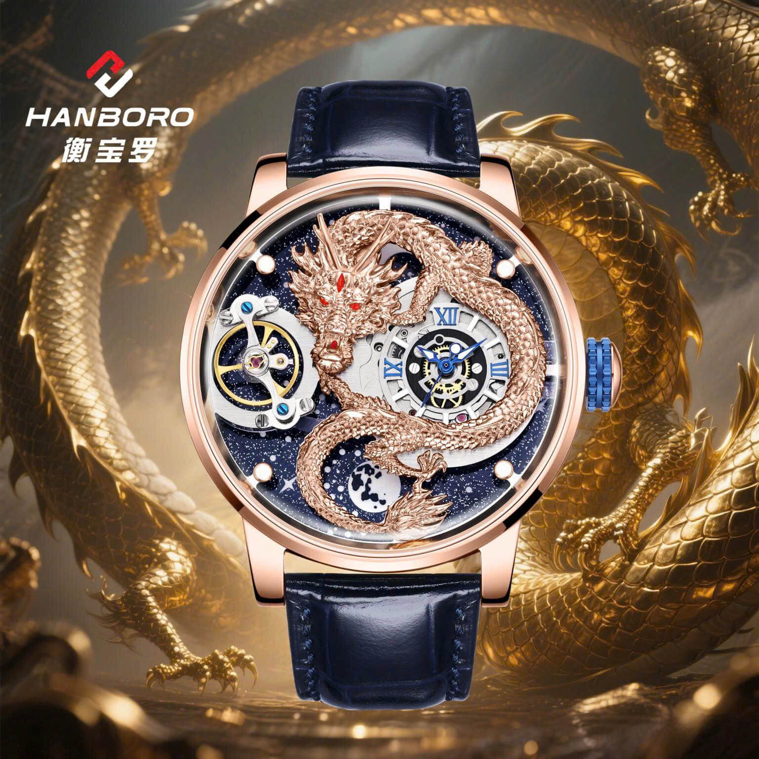 Đồng Hồ Nam Hanboro Automatic Dây Da Xanh Đậm Vỏ Rose Gold Mặt Rồng Size 44mm HBR1018