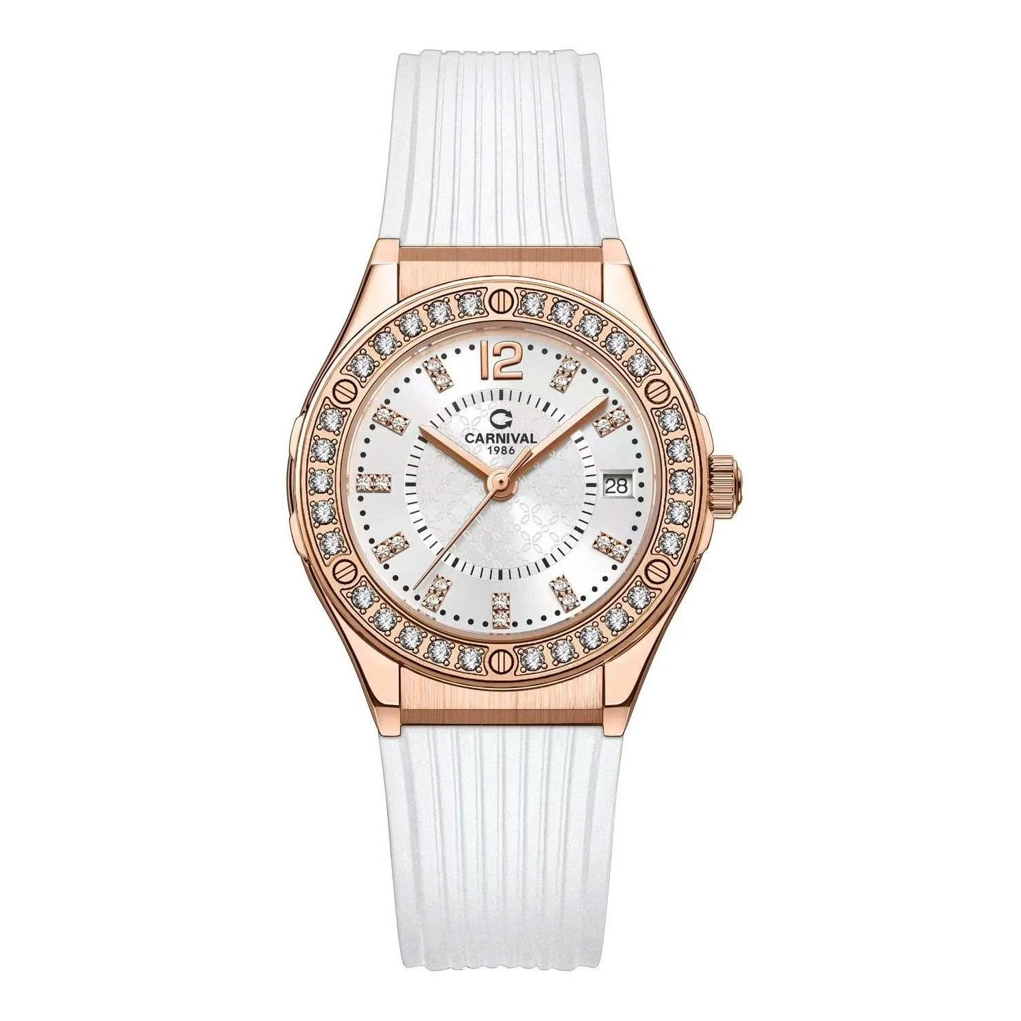 Đồng Hồ Nữ Carnival 8173L2 Dây Cao Su Trắng Đính Đá Rose Size 34mm Quartz Japan Carnival 8173L2-VH-DCS-T1