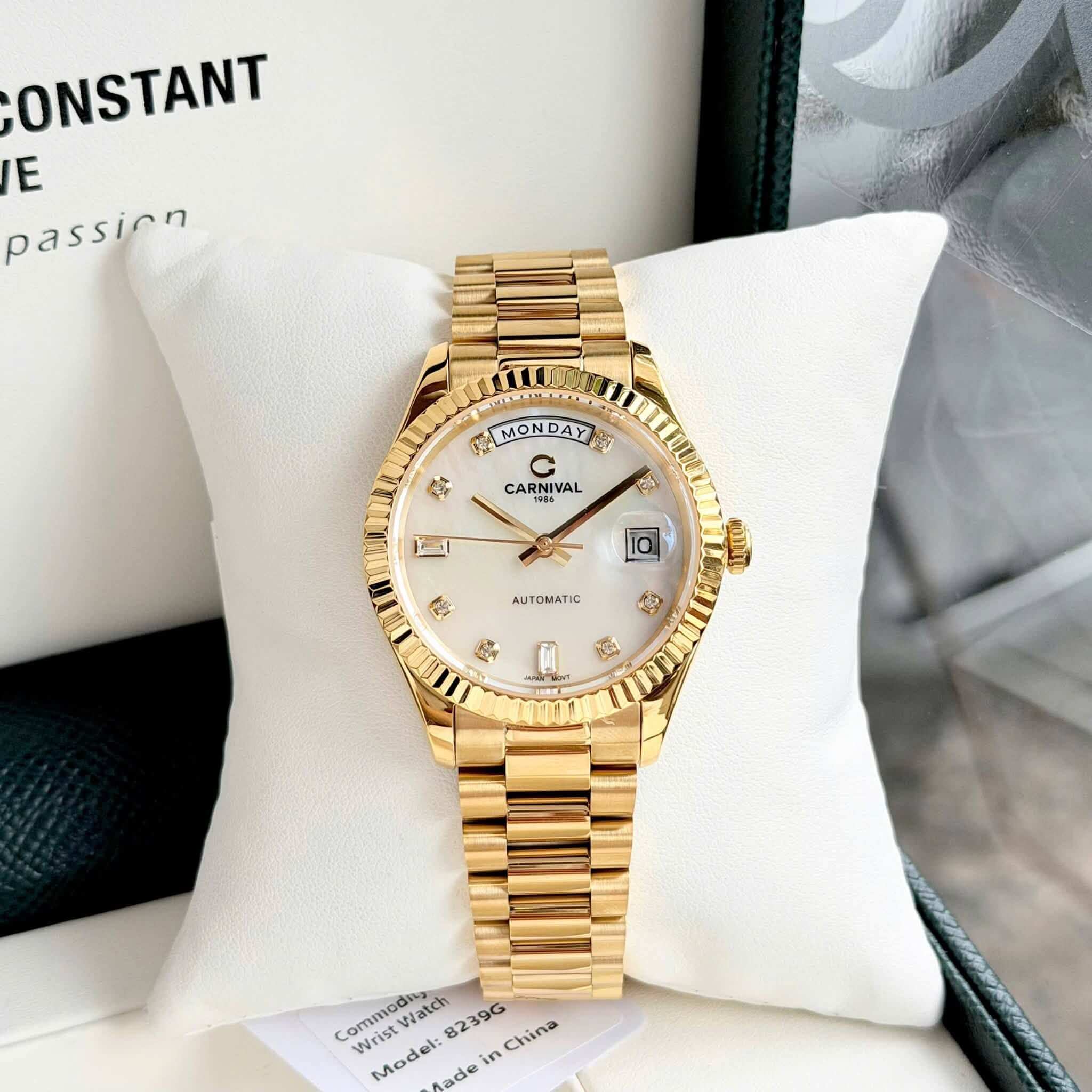 Đồng Hồ Nam Carnival 8239G-VV-TK Automatic Vàng Gold Mặt Xà Cừ Trắng Size 38mm Chính Hãng