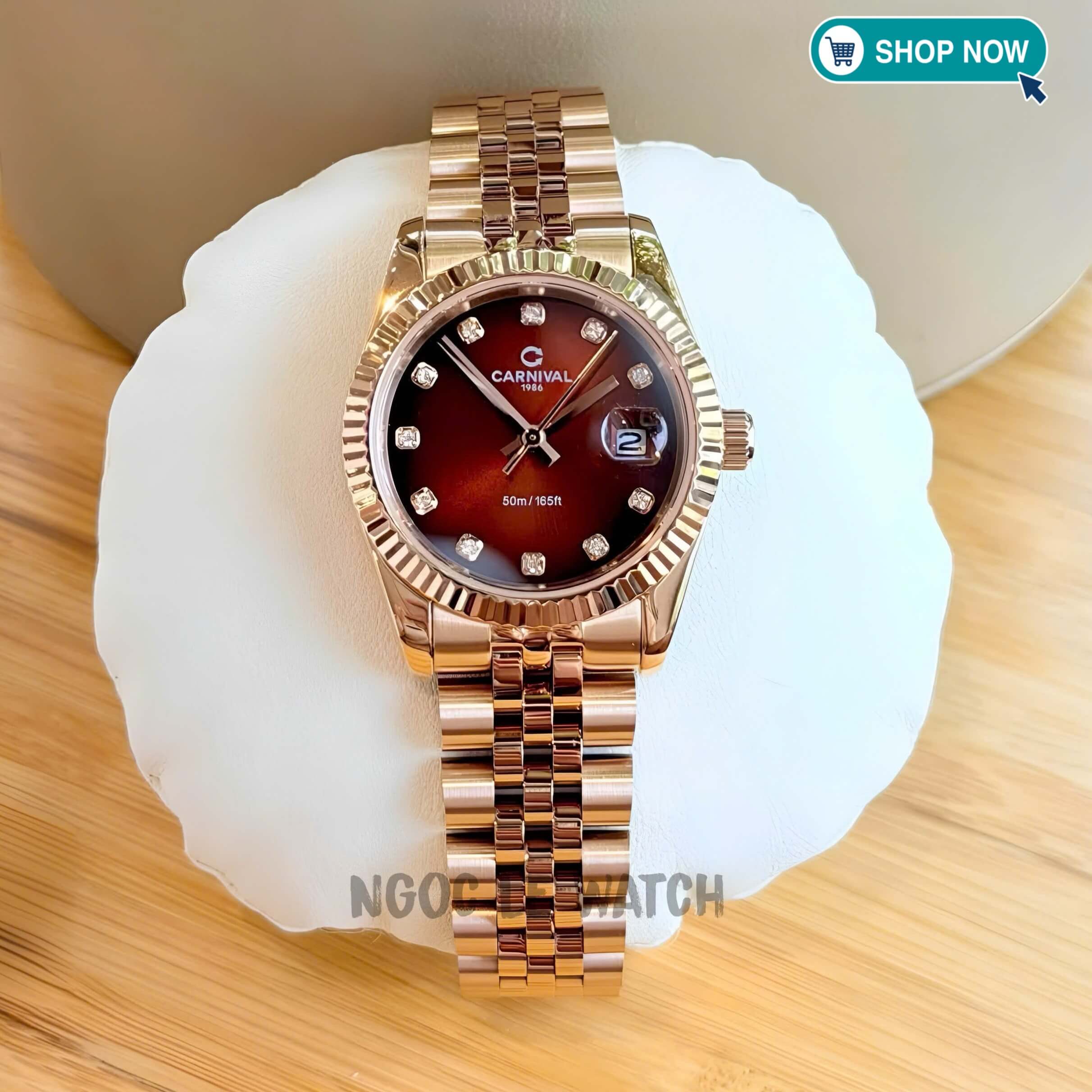 Đồng Hồ Nữ Carnival 8250L-VH-N Màu Vàng Hồng Mặt Nâu Socola Size 30mm Quartz Japan