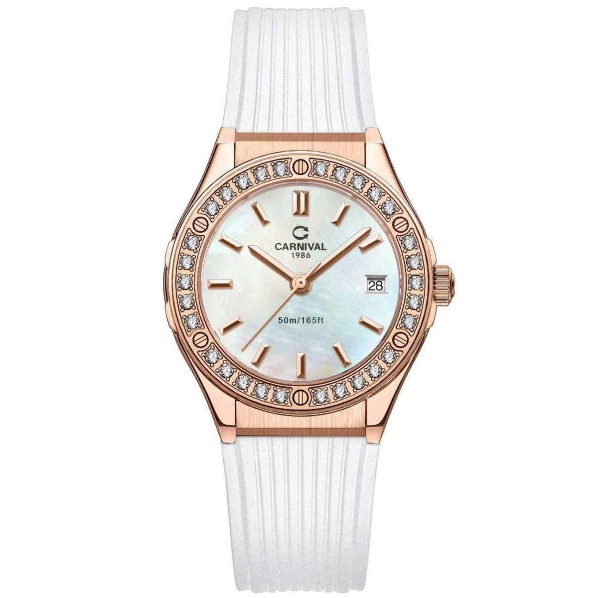 Đồng Hồ Nữ Carnival 8168L2 Dây Cao Su Trắng Mặt Xà Cừ Đính Đá Vỏ Vàng Hồng 34mm