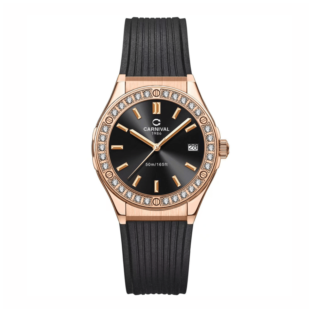 Đồng Hồ Nữ Carnival 8168L2 Dây Cao Su Đen Mặt Đen Đính Đá Rose Size 34mm Quartz 8168L2-VH-DCS-D