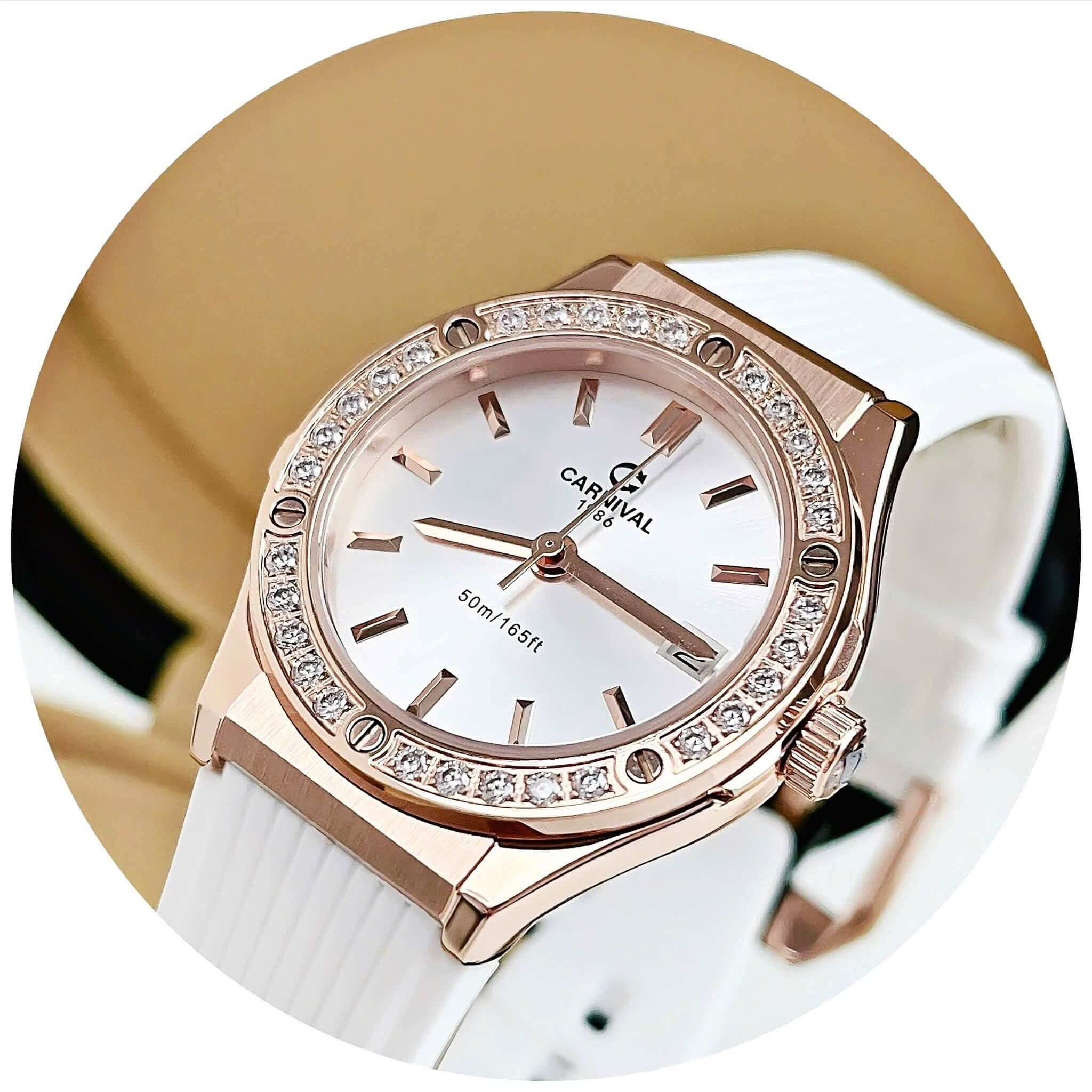 Đồng Hồ Nữ Carnival 8168L2 Dây Cao Su Trắng Mặt Trắng Đính Đá Rose Size 34mm Quartz 8168L2-VH-DCS-T1